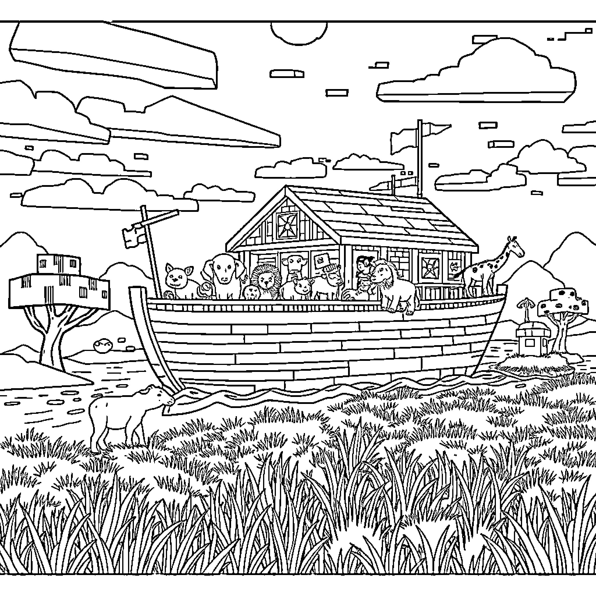 Animal Ark Floating on the River Coloring Page (free black-and-white line drawing printable PDF for all, from beginners to advanced learners, including children, teens, adults, and seniors)