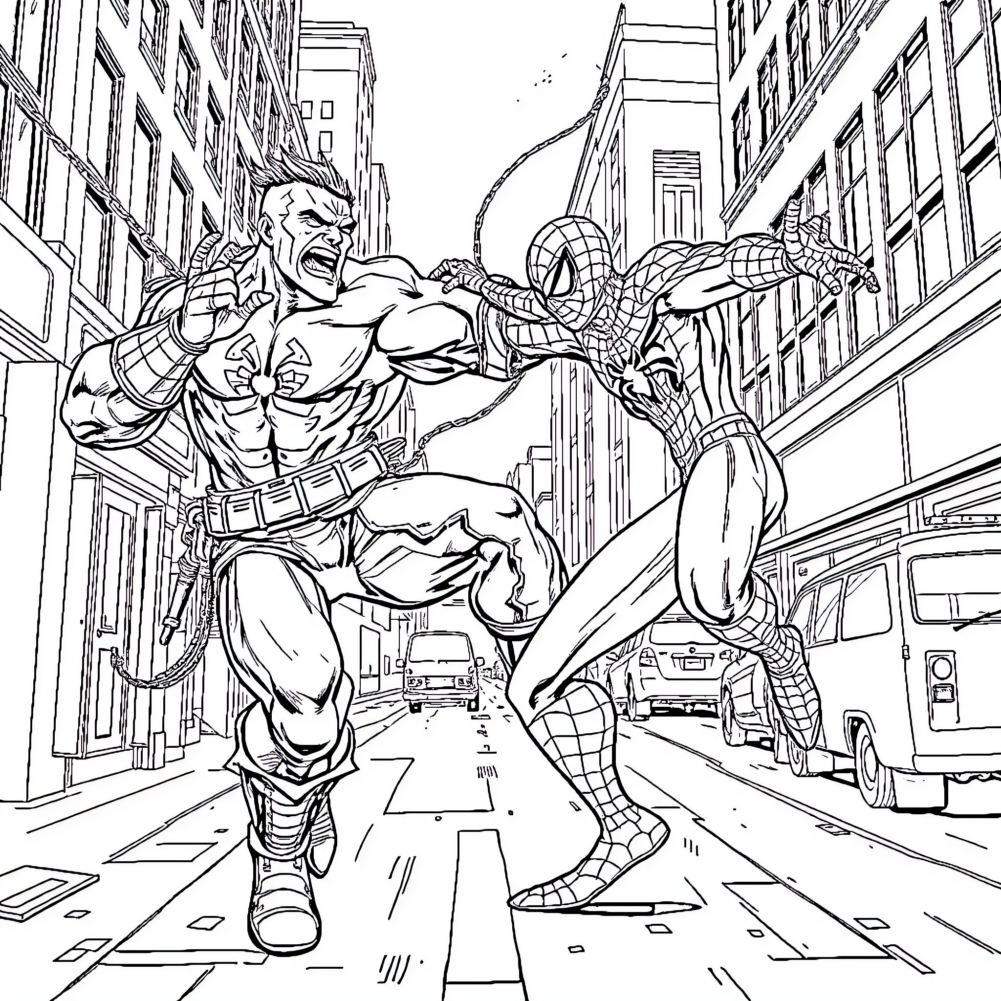 Gotrunk Superheroes Clash in City Streets Coloring Page (free black-and-white line drawing printable PDF for all, from beginners to advanced learners, including children, teens, adults, and seniors)