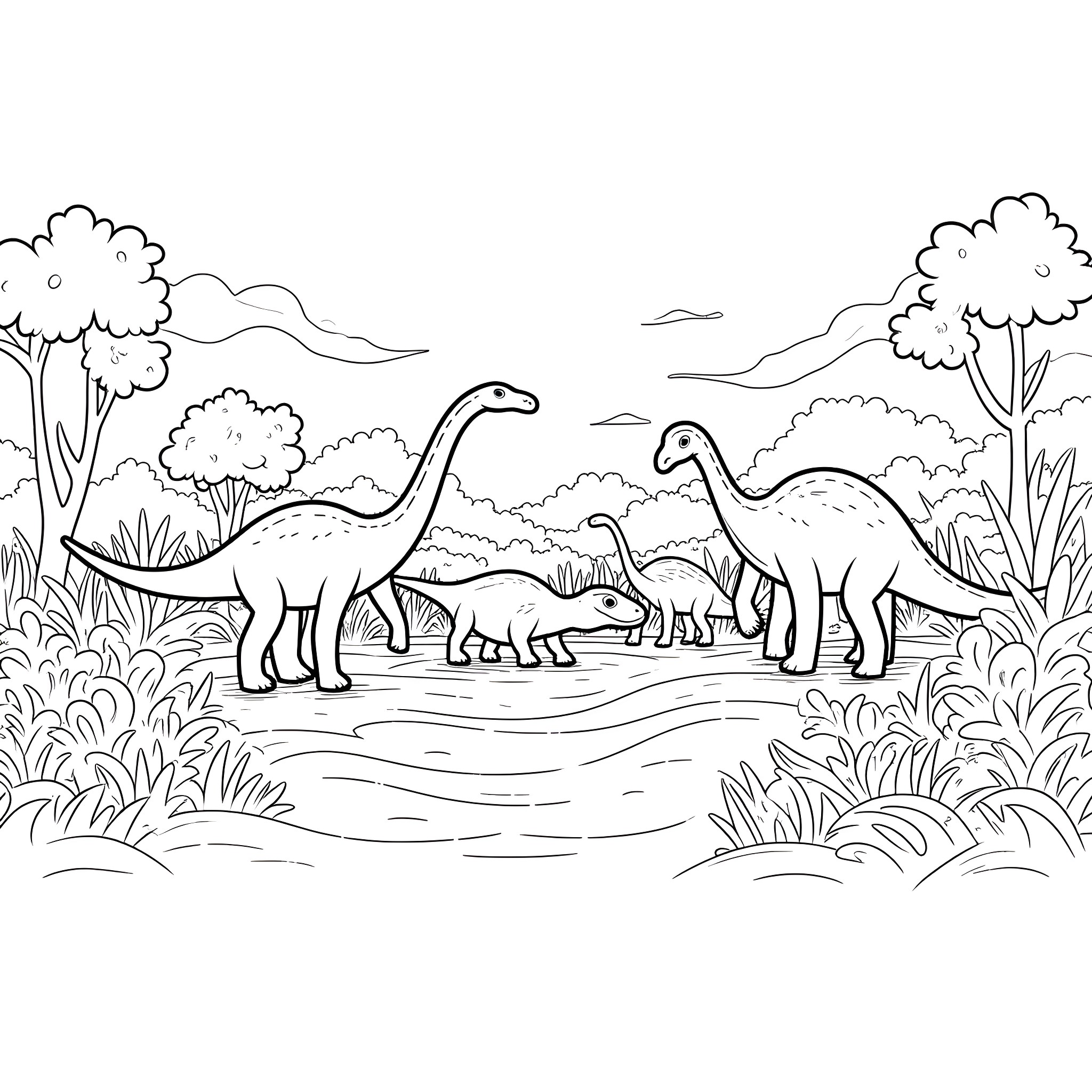 Jurassic Park - Dinosaurs roaming in prehistoric landscape Coloring Page (free black-and-white line drawing printable PDF for all, from beginners to advanced learners, including children, teens, adults, and seniors)