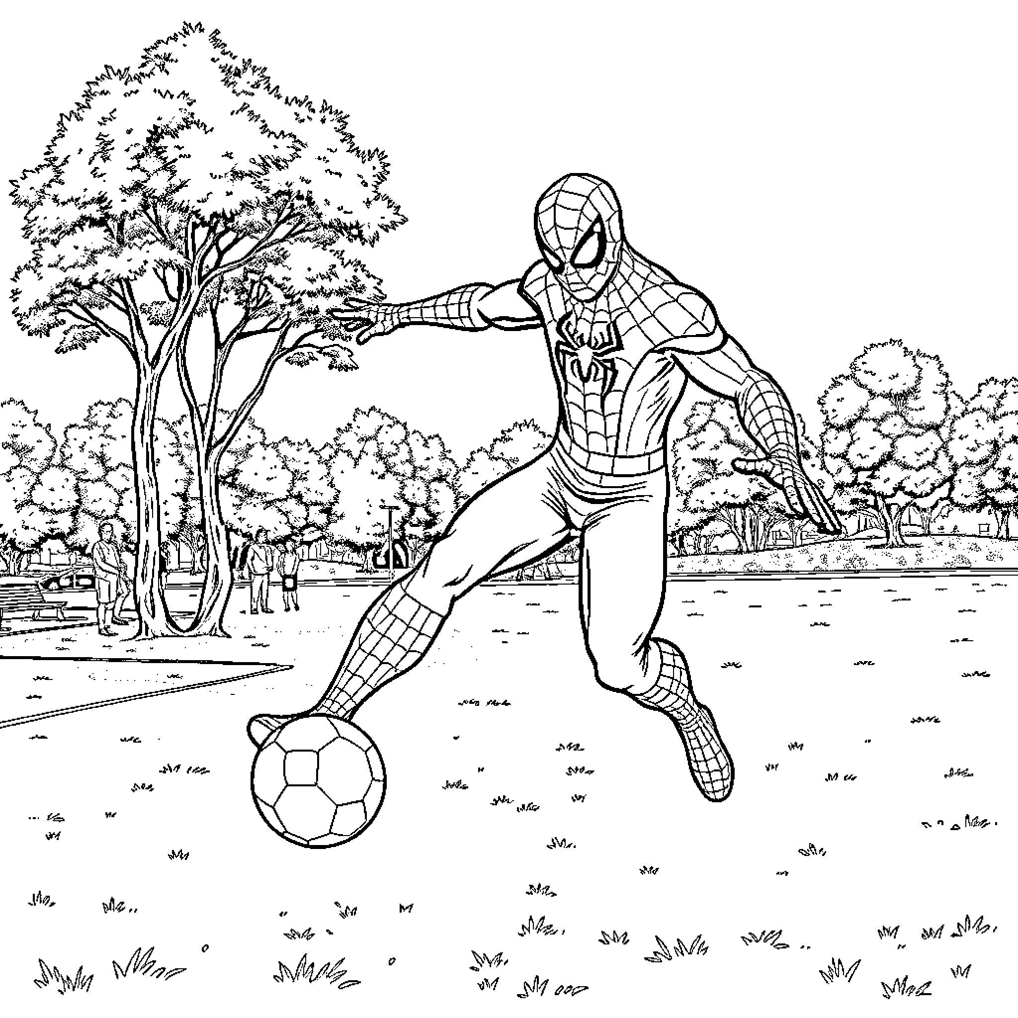 Spiderman playing soccer in the park Coloring Page (free black-and-white line drawing printable PDF for all, from beginners to advanced learners, including children, teens, adults, and seniors)