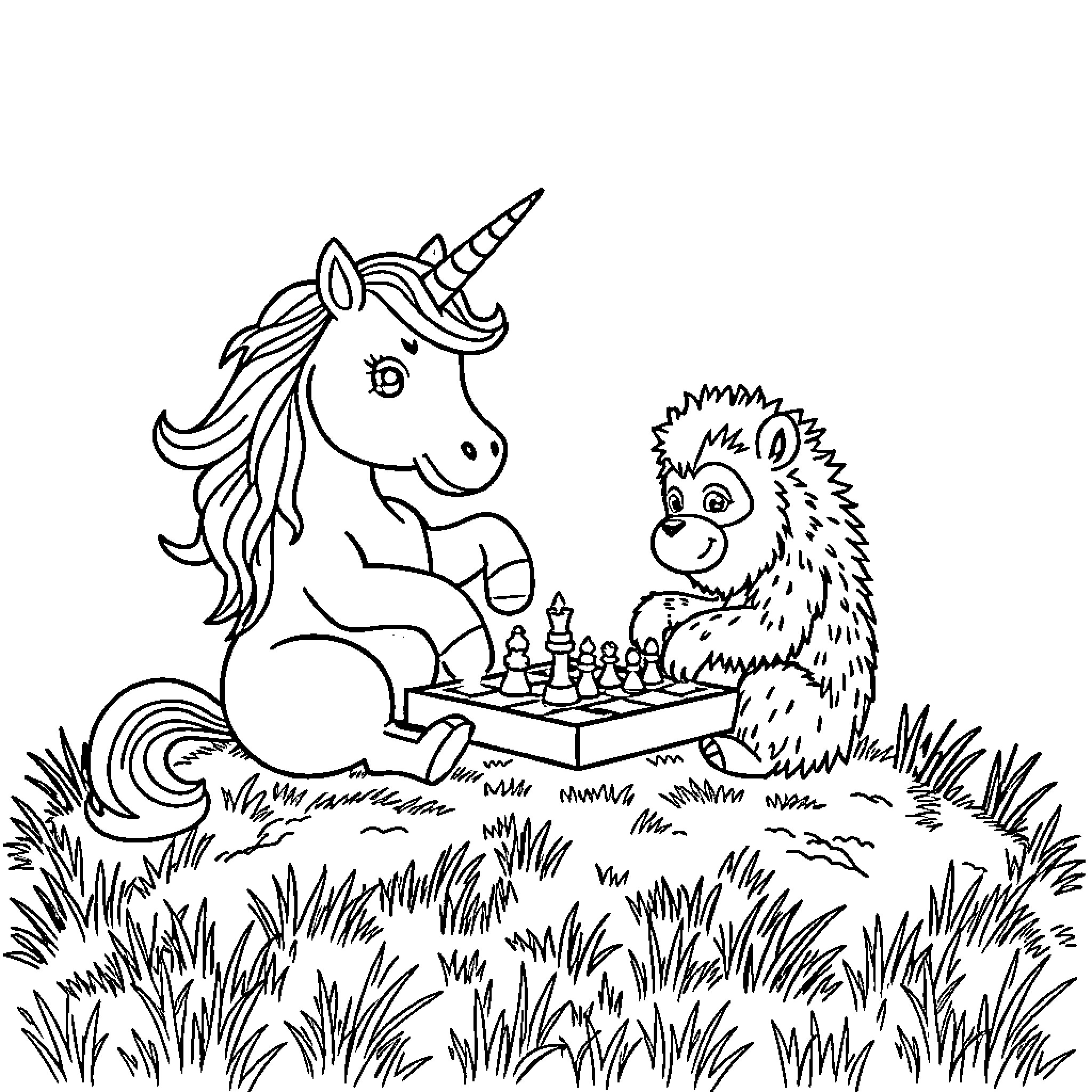 Unicorn and Hedgehog Playing Chess in the Meadow Coloring Page (free black-and-white line drawing printable PDF for all, from beginners to advanced learners, including children, teens, adults, and seniors)