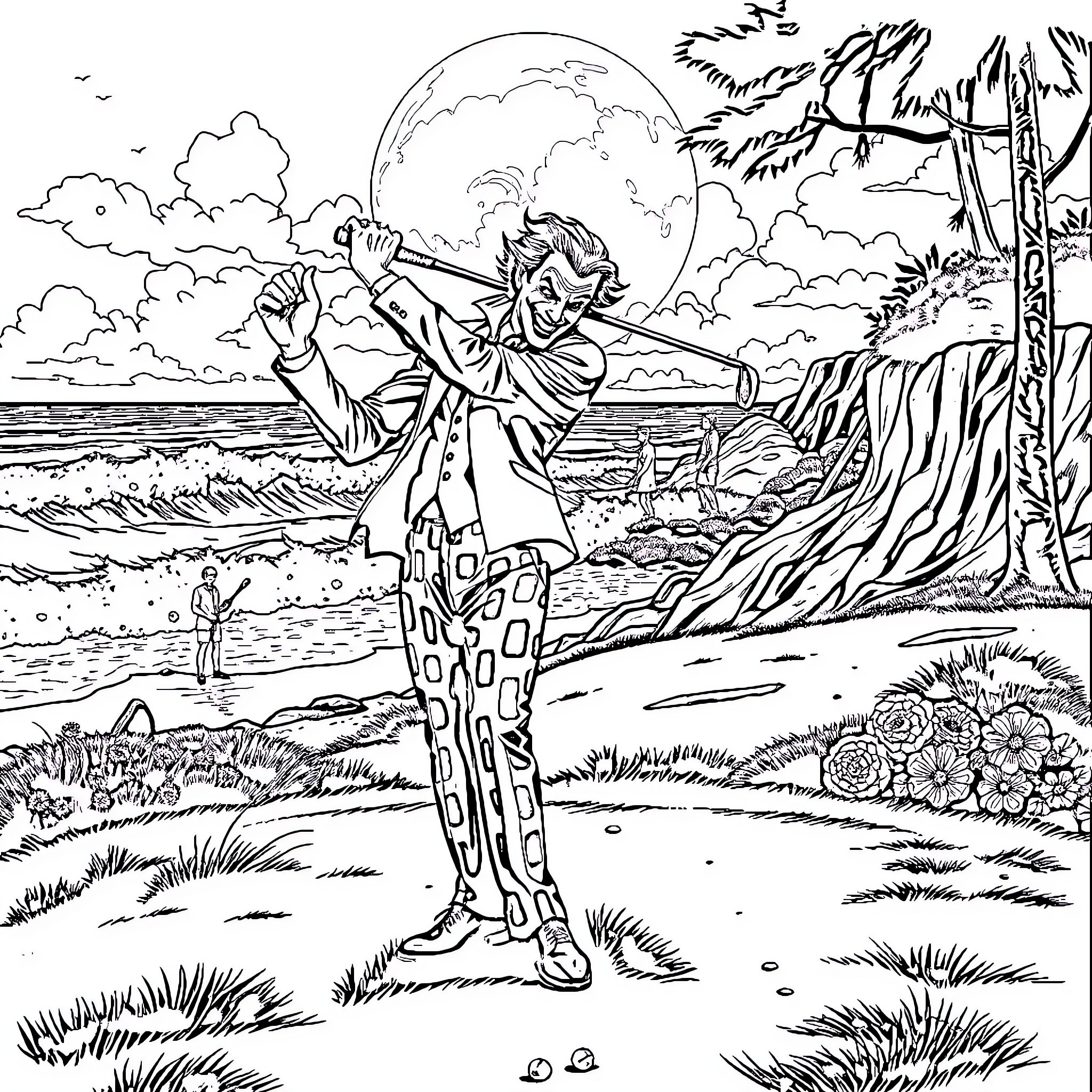 Joker cackling maniacally in dark, surreal landscape Coloring Page (free black-and-white line drawing printable PDF for all, from beginners to advanced learners, including children, teens, adults, and seniors)