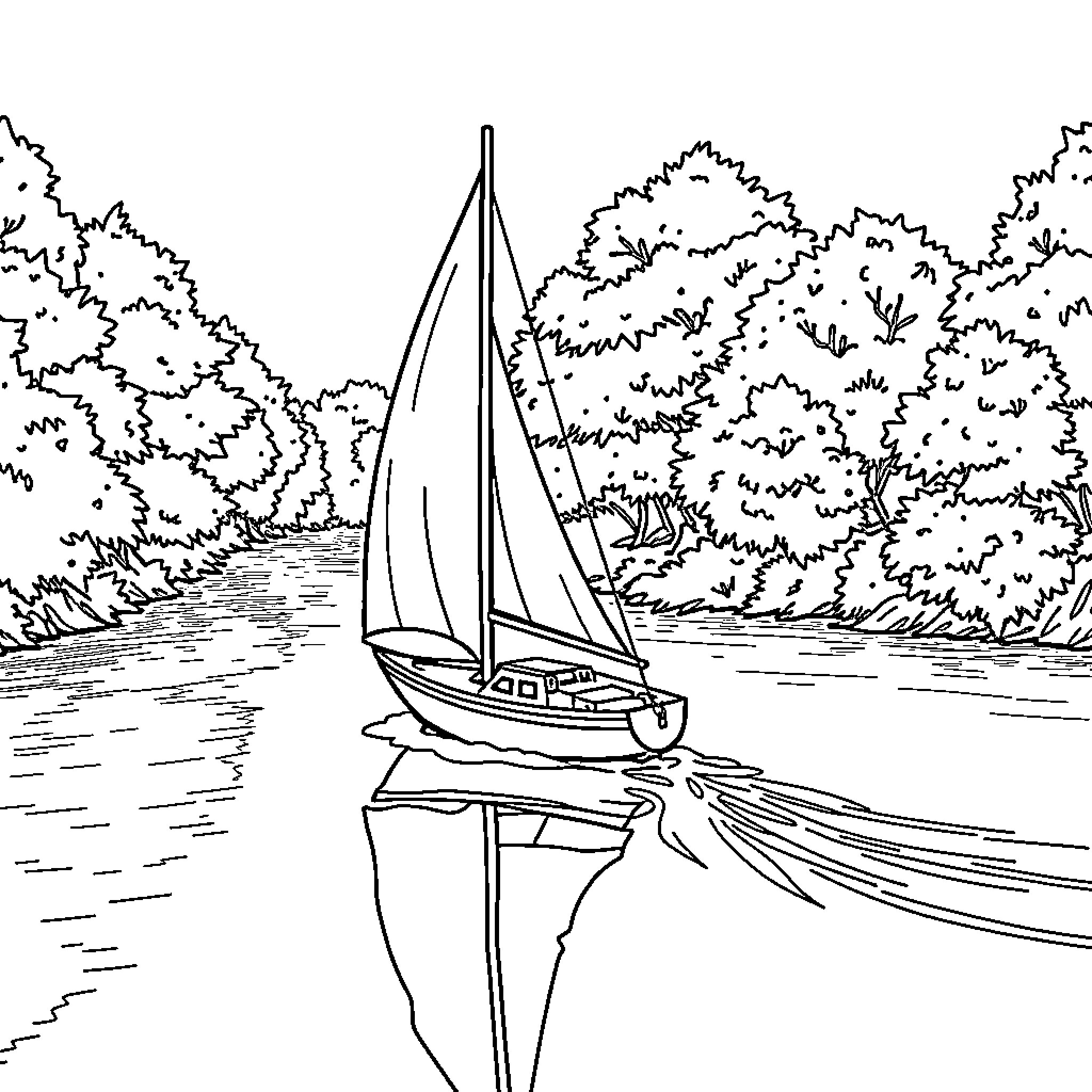 Boat sailing on serene water surrounded by nature Coloring Page (free black-and-white line drawing printable PDF for all, from beginners to advanced learners, including children, teens, adults, and seniors)