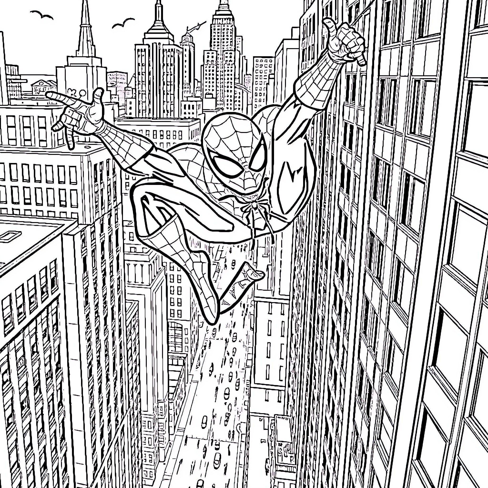 Spiderman swinging through the city skyline Coloring Page (free black-and-white line drawing printable PDF for all, from beginners to advanced learners, including children, teens, adults, and seniors)