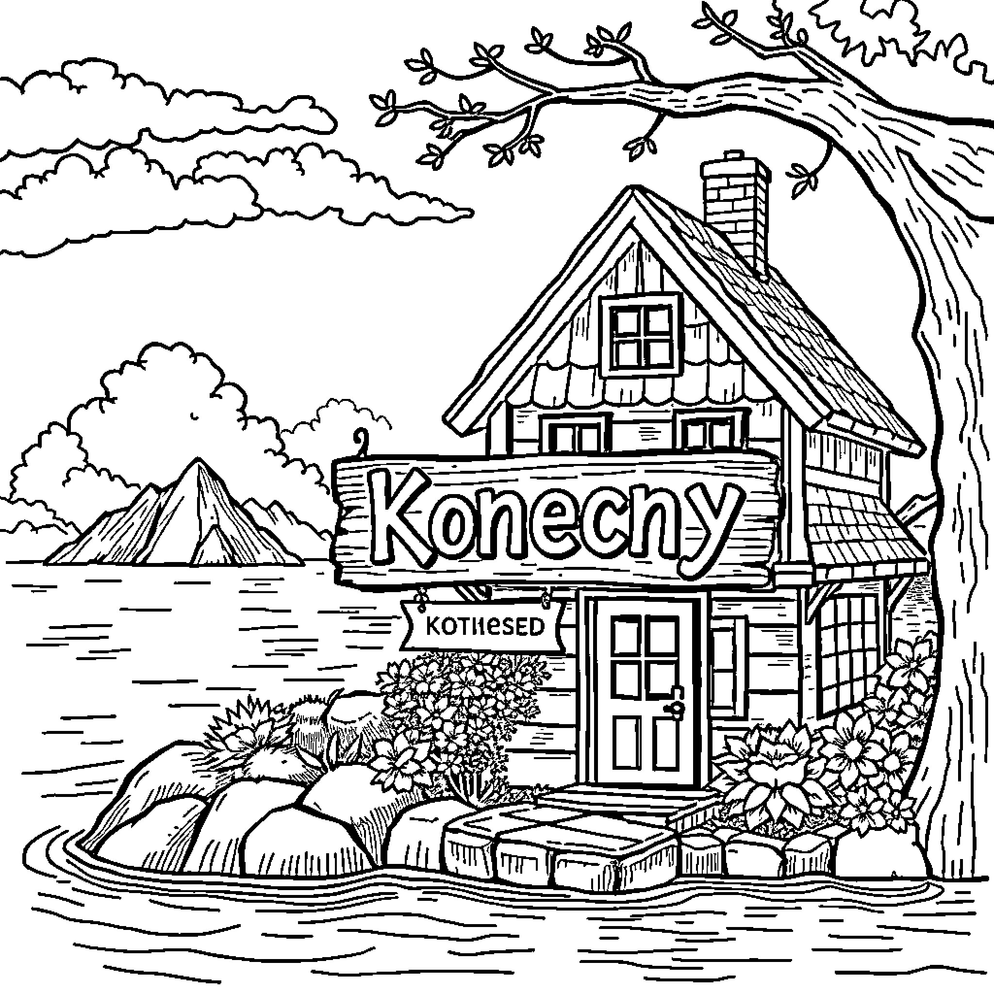 House with Konecny sign in a scenic landscape Coloring Page (free black-and-white line drawing printable PDF for all, from beginners to advanced learners, including children, teens, adults, and seniors)
