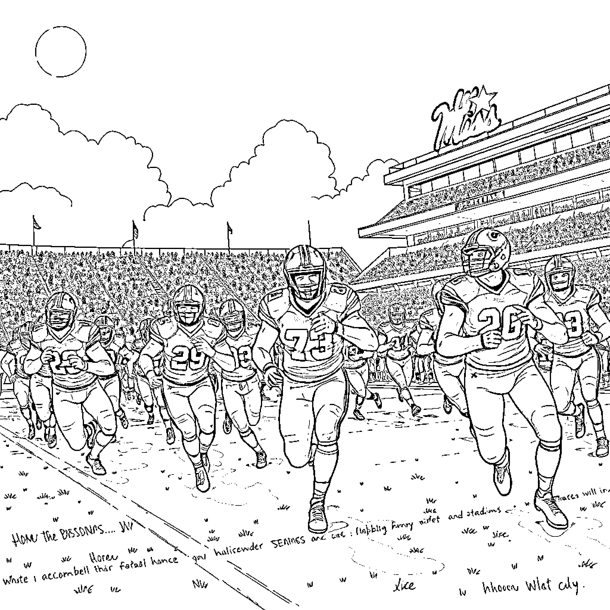 Football game with players on the field Coloring Page (free black-and-white line drawing printable PDF for all, from beginners to advanced learners, including children, teens, adults, and seniors)