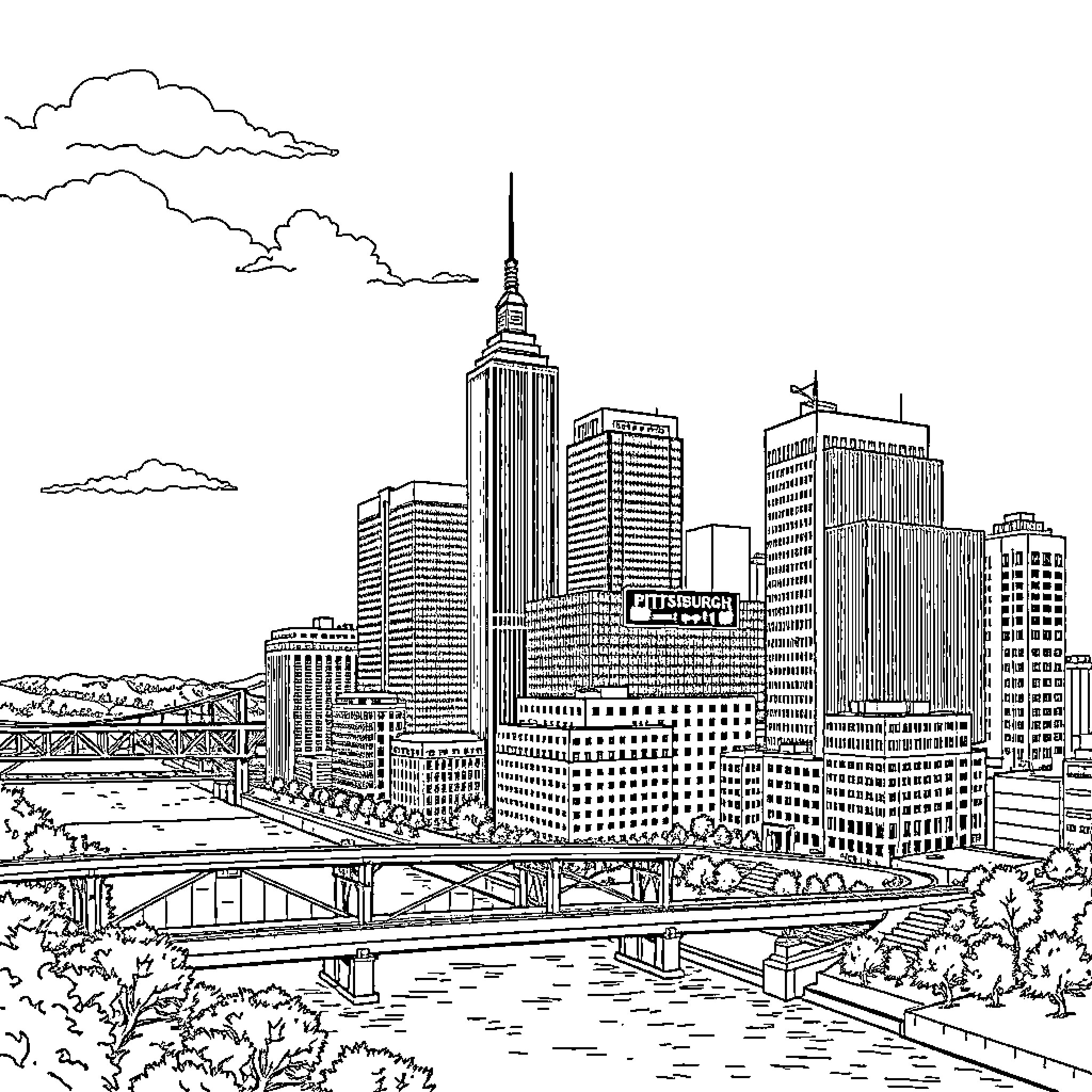 Pittsburgh cityscape with skyscrapers and bridges Coloring Page (free black-and-white line drawing printable PDF for all, from beginners to advanced learners, including children, teens, adults, and seniors)