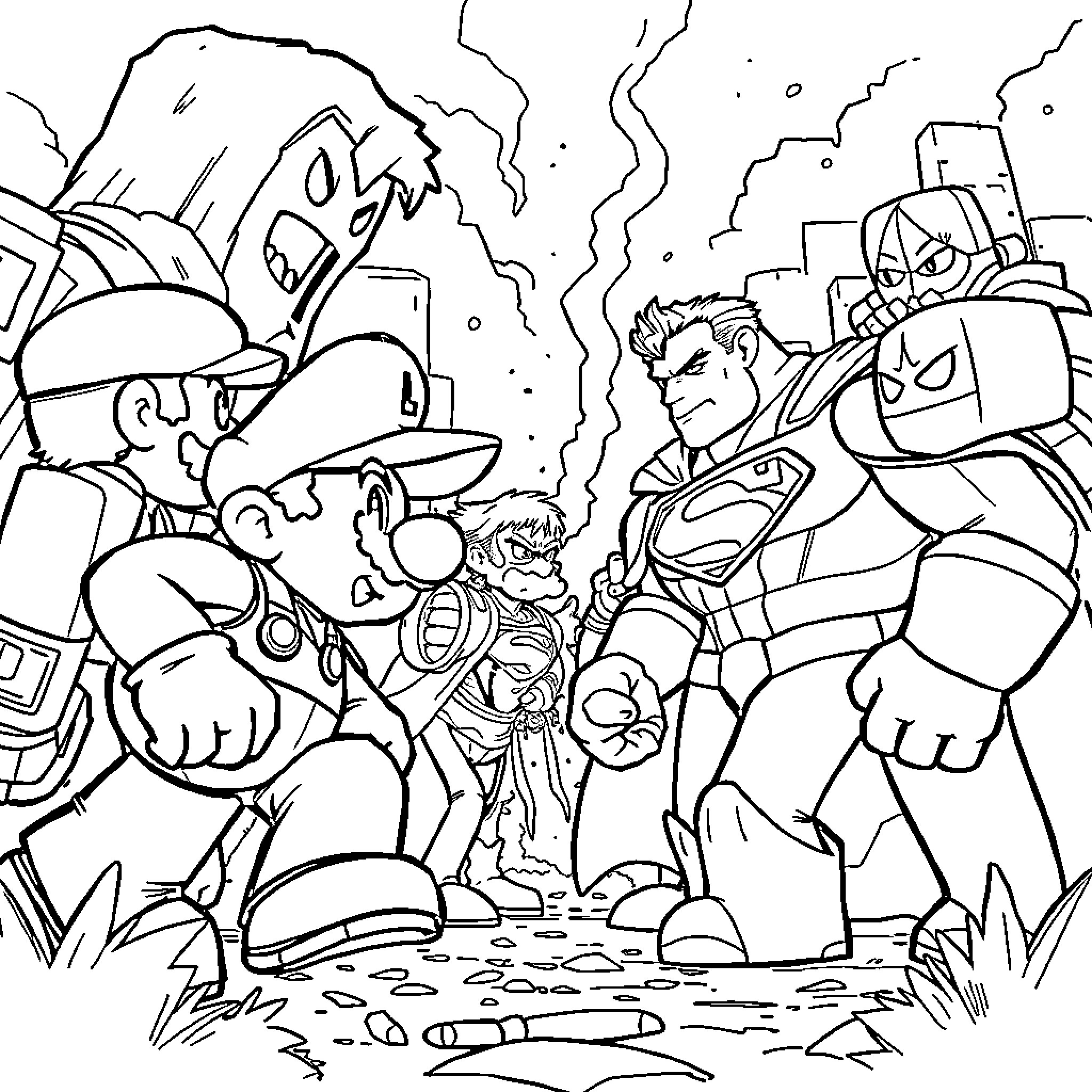 Mario and Superhero Friends in Epic Battle Coloring Page (free black-and-white line drawing printable PDF for all, from beginners to advanced learners, including children, teens, adults, and seniors)