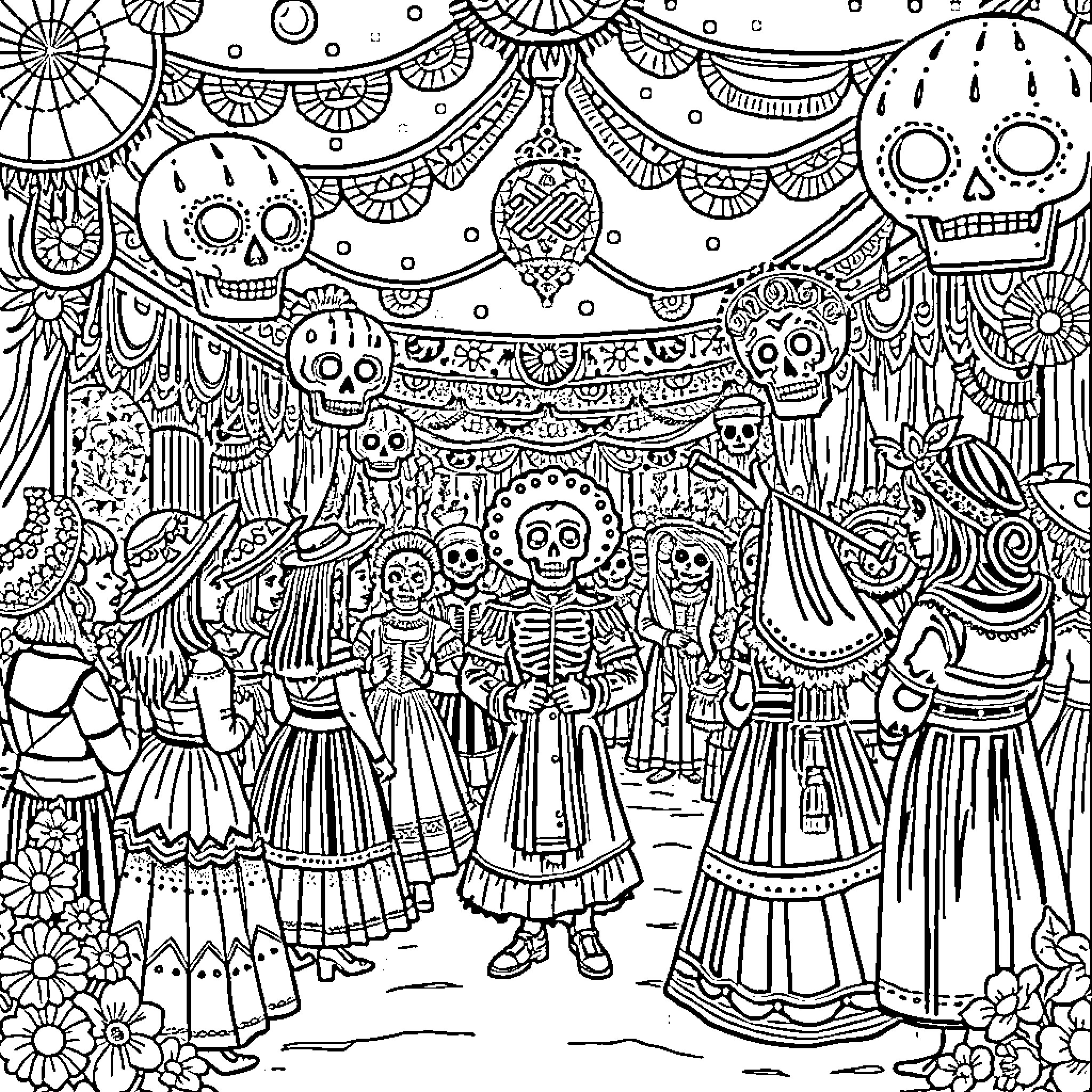 Day of the Dead celebration with dancing skeletons and festive decorations Coloring Page (free black-and-white line drawing printable PDF for all, from beginners to advanced learners, including children, teens, adults, and seniors)