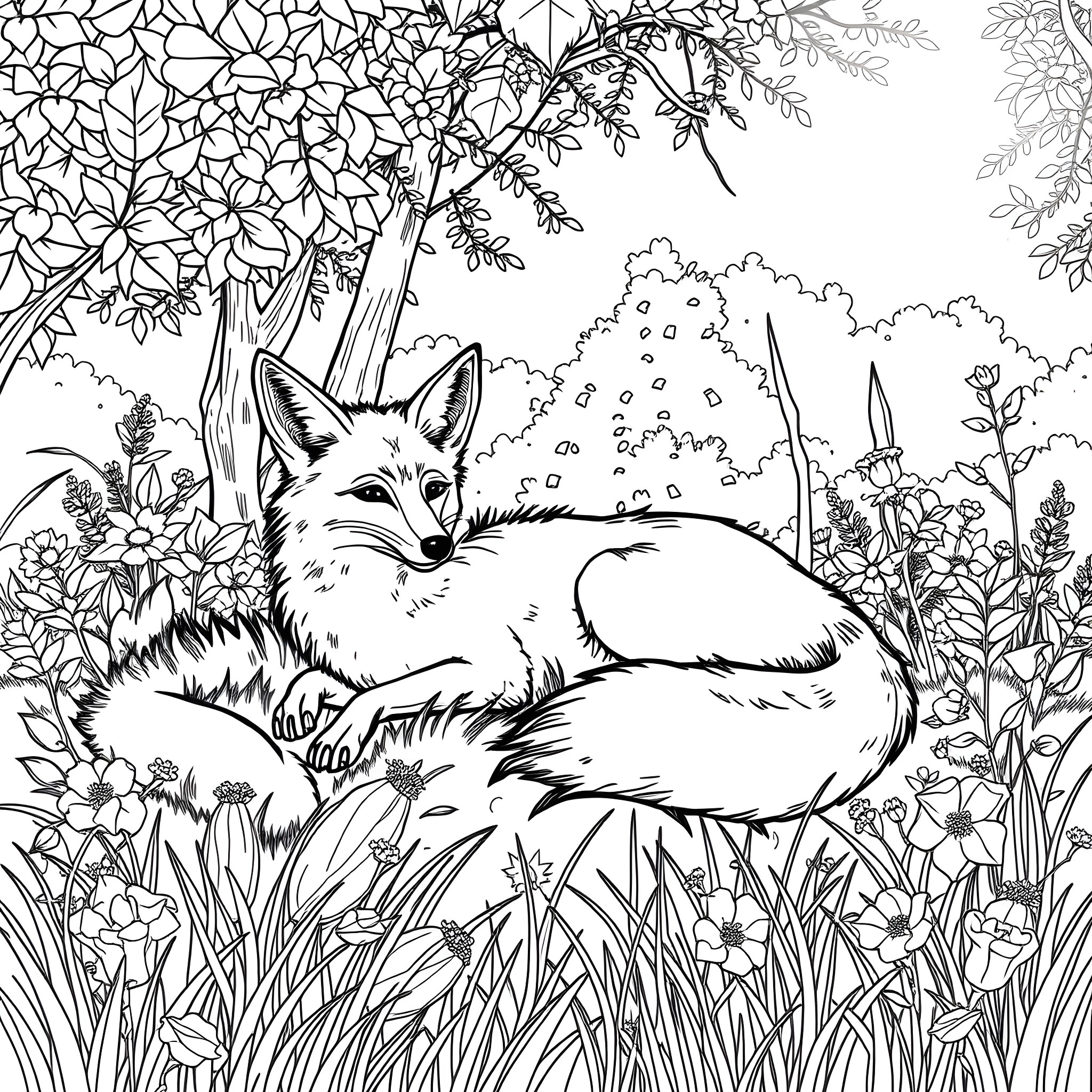 Fox resting in a floral forest scene Coloring Page (free black-and-white line drawing printable PDF for all, from beginners to advanced learners, including children, teens, adults, and seniors)