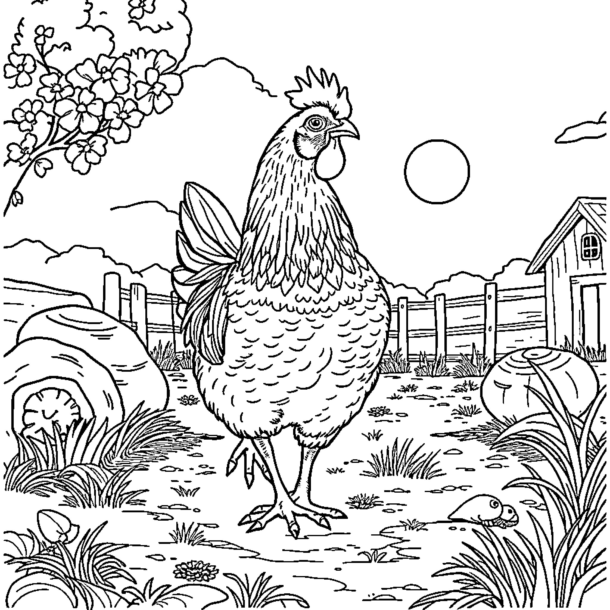 Hen standing proudly in a rural farmyard scene Coloring Page (free black-and-white line drawing printable PDF for all, from beginners to advanced learners, including children, teens, adults, and seniors)