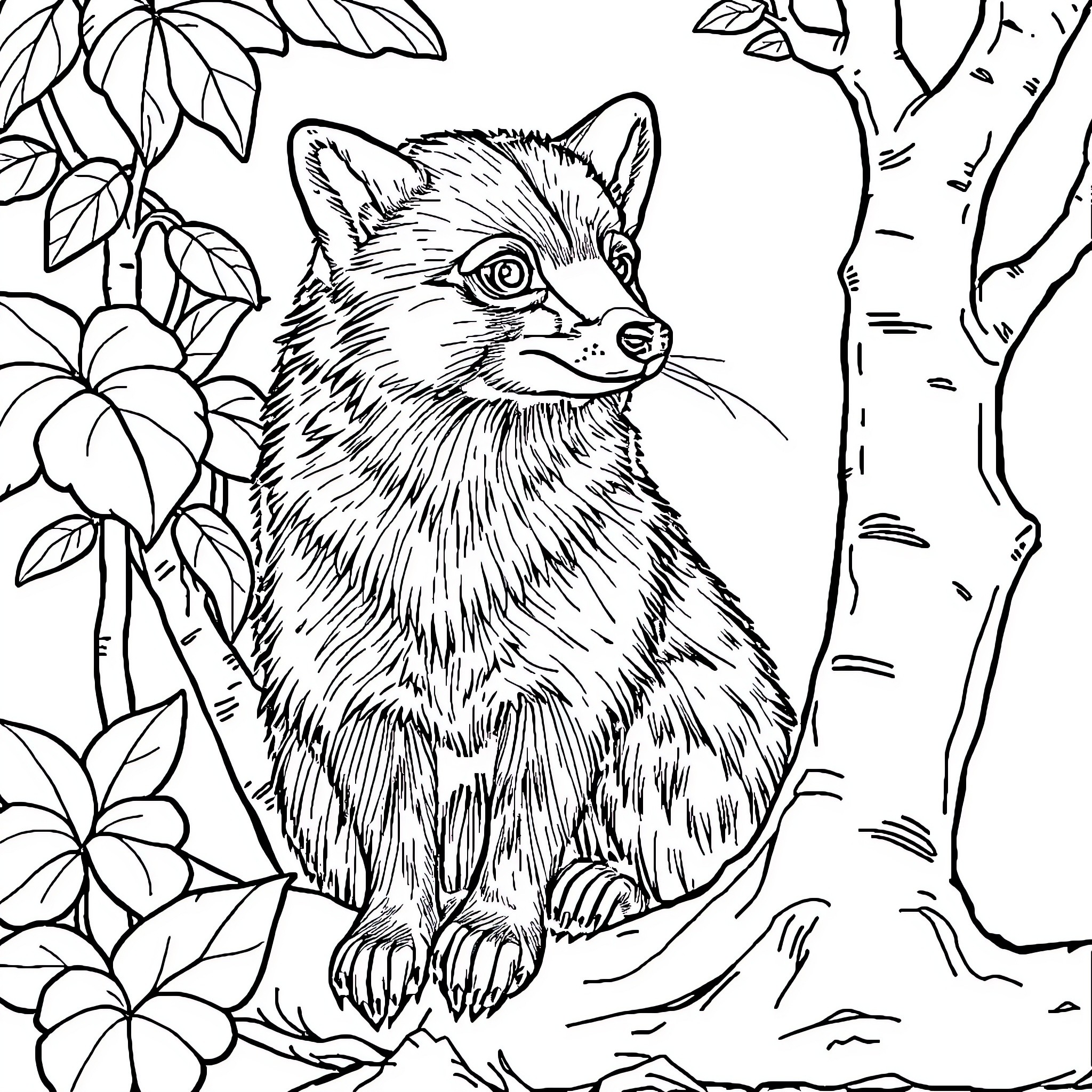 Coati exploring the forest scenery Coloring Page (free black-and-white line drawing printable PDF for all, from beginners to advanced learners, including children, teens, adults, and seniors)