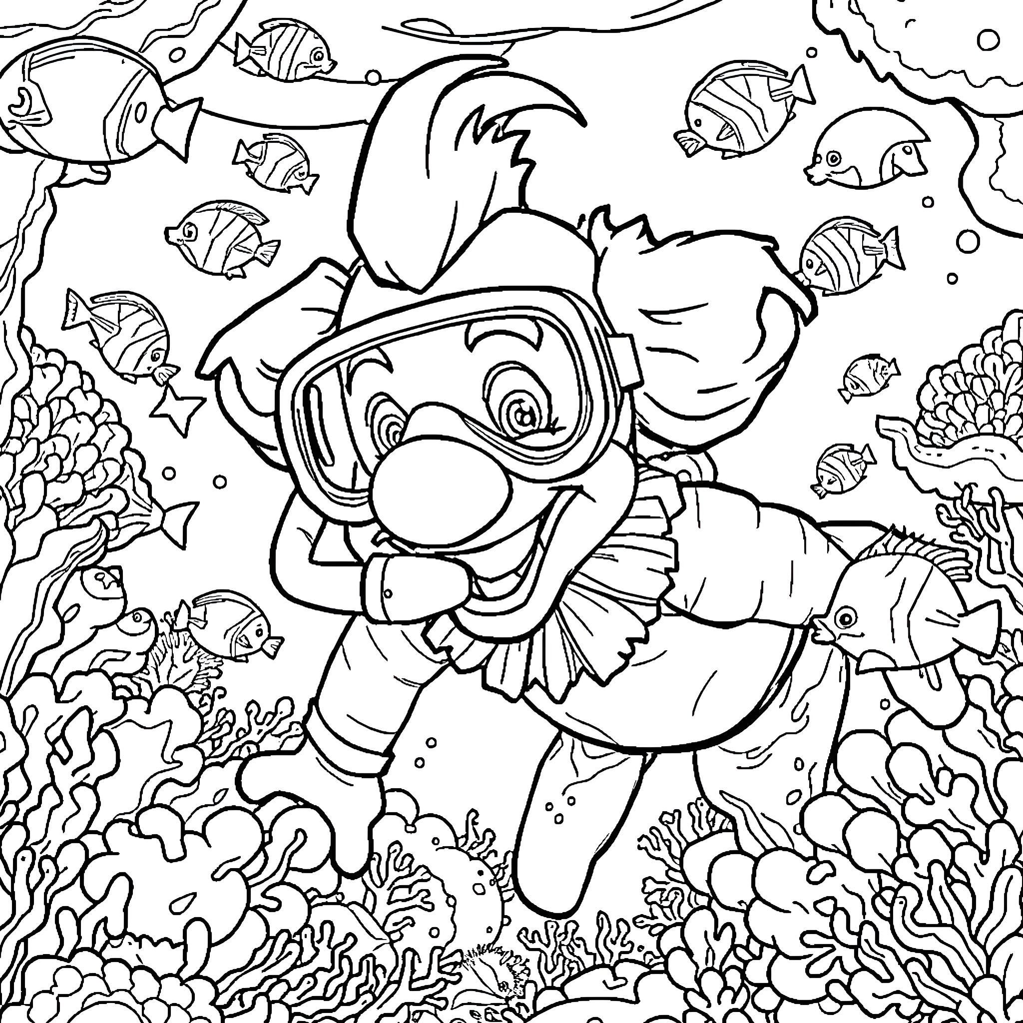 Clown Diver Exploring Underwater Coral Reef Coloring Page (free black-and-white line drawing printable PDF for all, from beginners to advanced learners, including children, teens, adults, and seniors)
