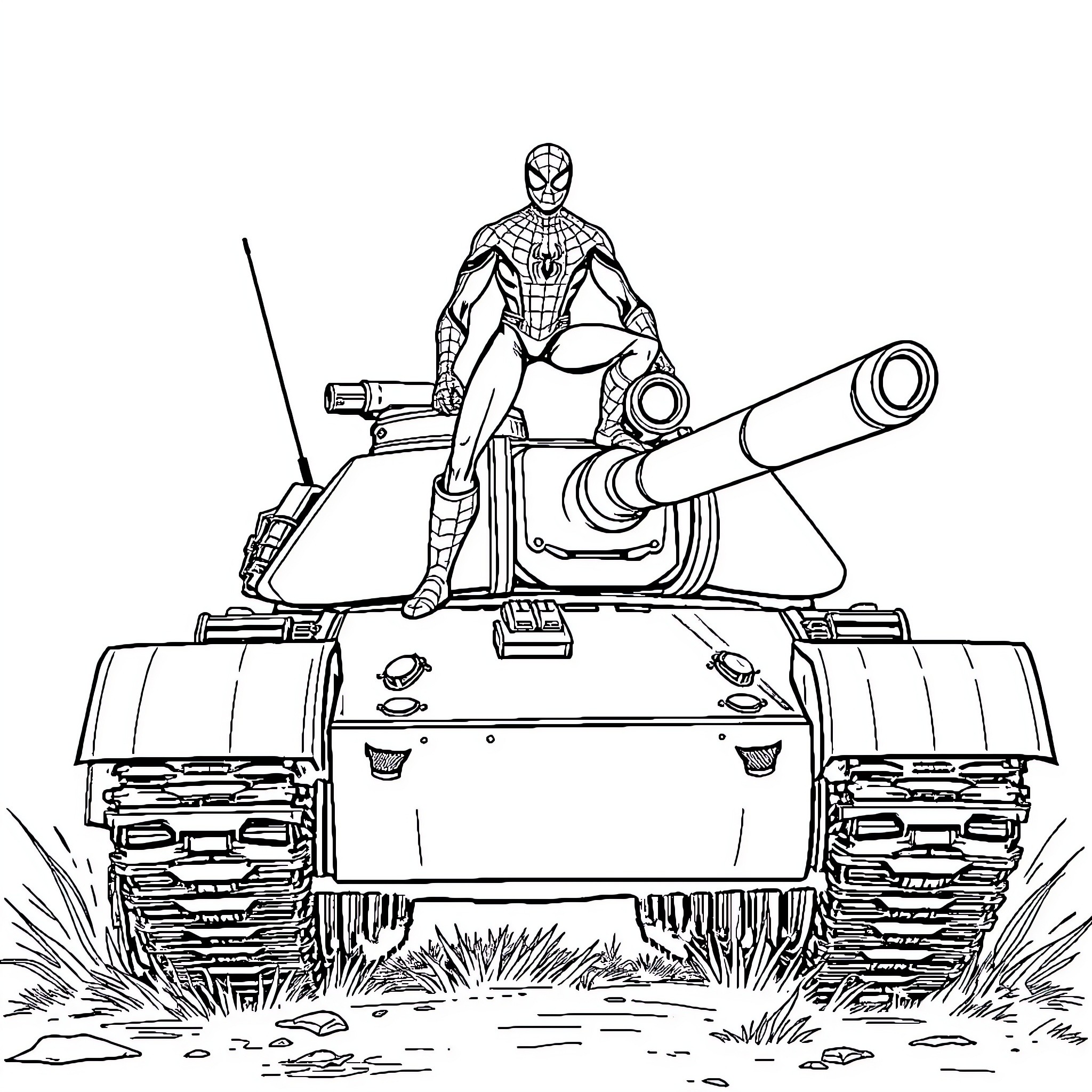 Spiderman riding a powerful military tank Coloring Page (free black-and-white line drawing printable PDF for all, from beginners to advanced learners, including children, teens, adults, and seniors)