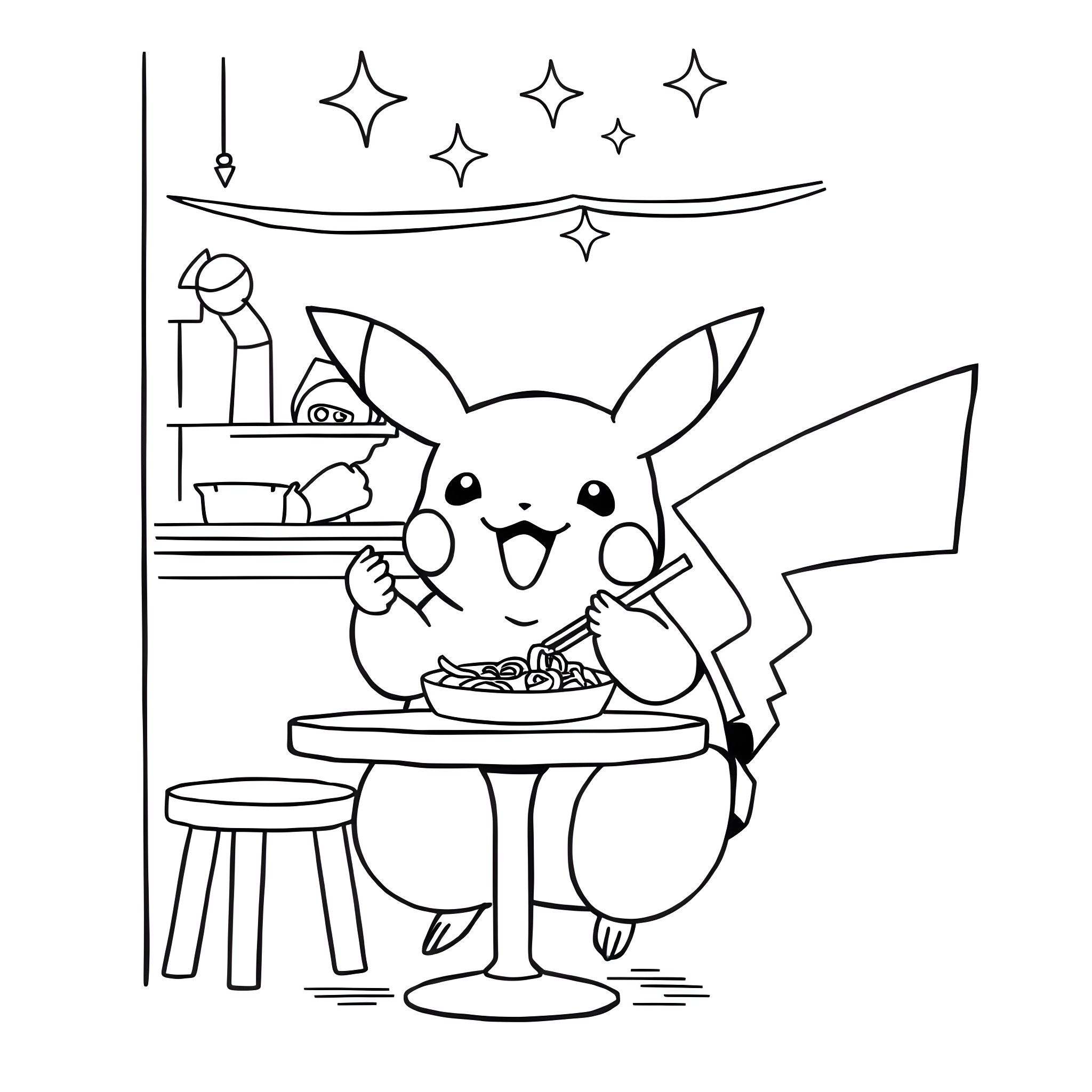 Pikachu enjoying a delicious meal Coloring Page (free black-and-white line drawing printable PDF for all, from beginners to advanced learners, including children, teens, adults, and seniors)