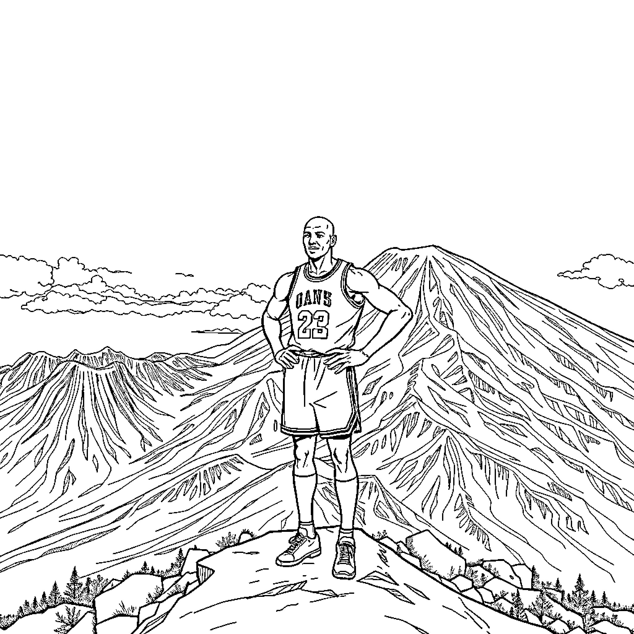 Michael Jordan standing victoriously on a mountain peak Coloring Page (free black-and-white line drawing printable PDF for all, from beginners to advanced learners, including children, teens, adults, and seniors)