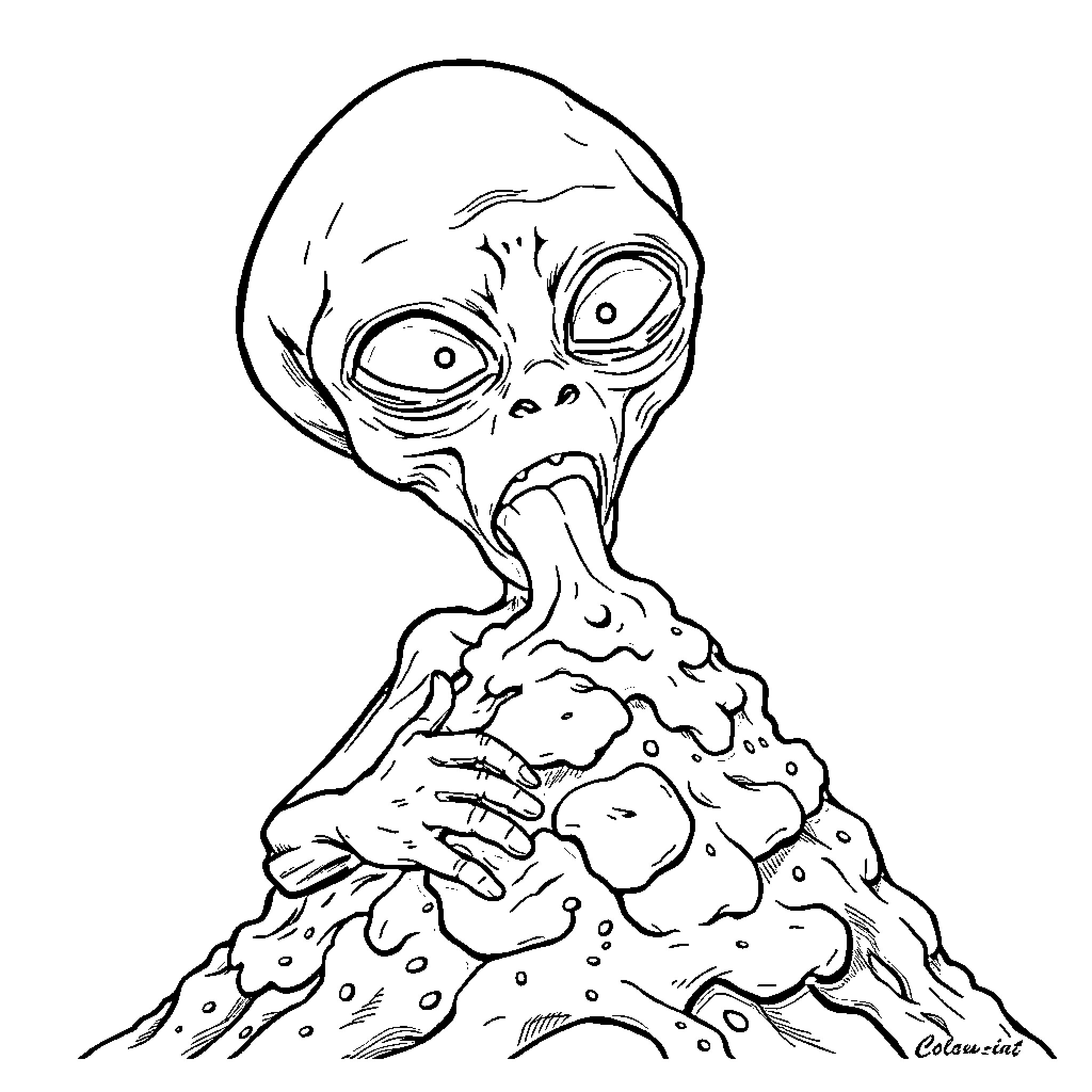 Alien creature with grotesque features Coloring Page (free black-and-white line drawing printable PDF for all, from beginners to advanced learners, including children, teens, adults, and seniors)