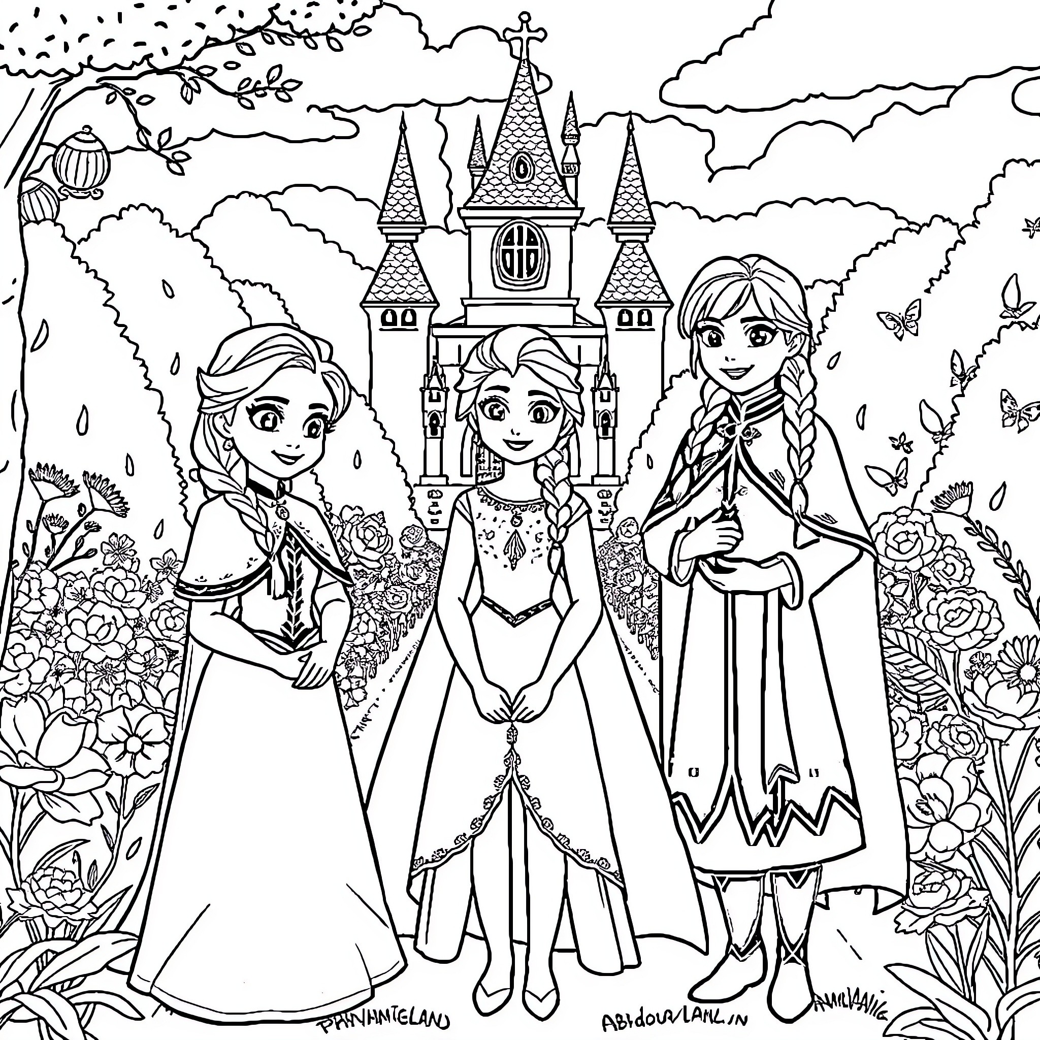 Princess sisters exploring a magical castle garden Coloring Page (free black-and-white line drawing printable PDF for all, from beginners to advanced learners, including children, teens, adults, and seniors)