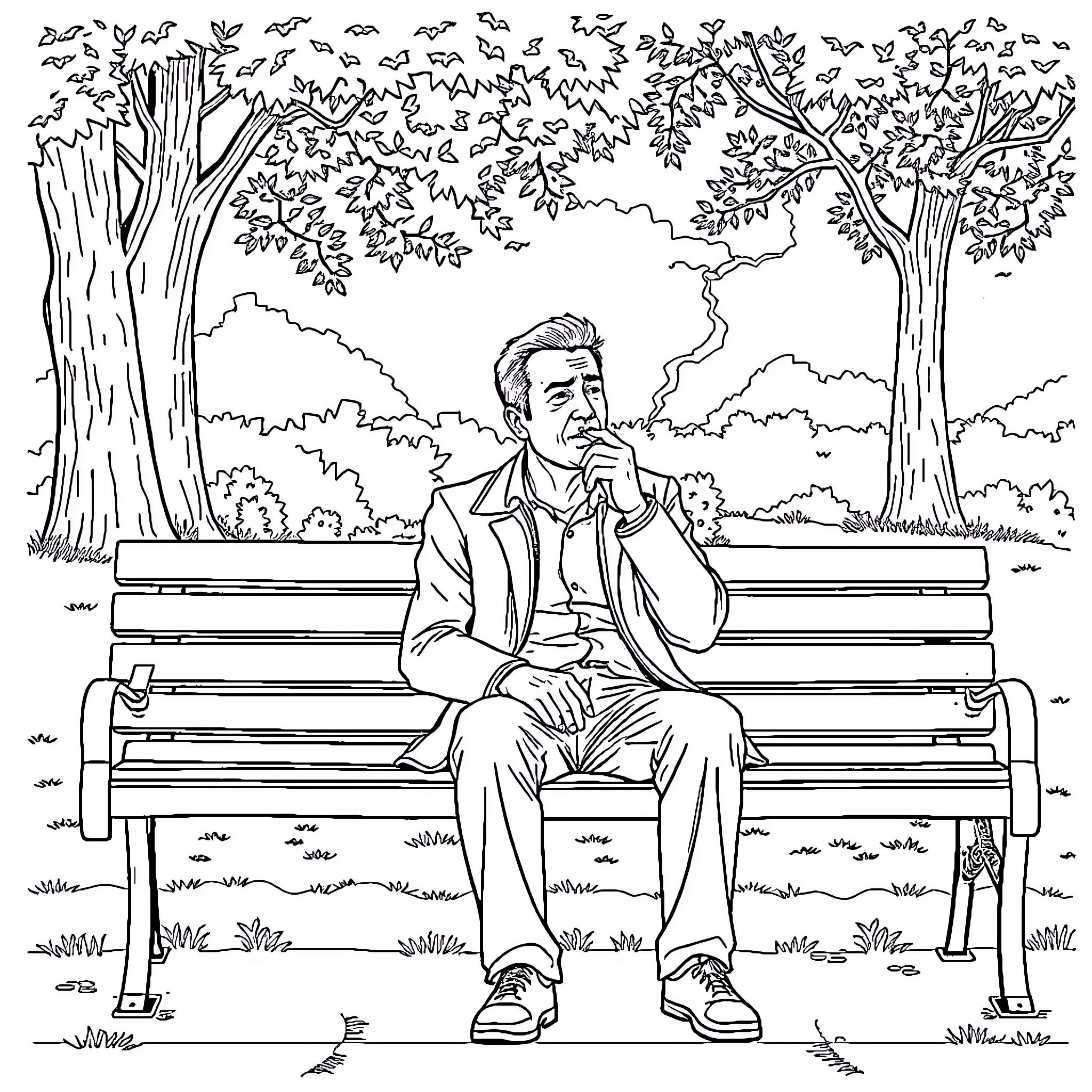 Man contemplating alone on a park bench Coloring Page (free black-and-white line drawing printable PDF for all, from beginners to advanced learners, including children, teens, adults, and seniors)