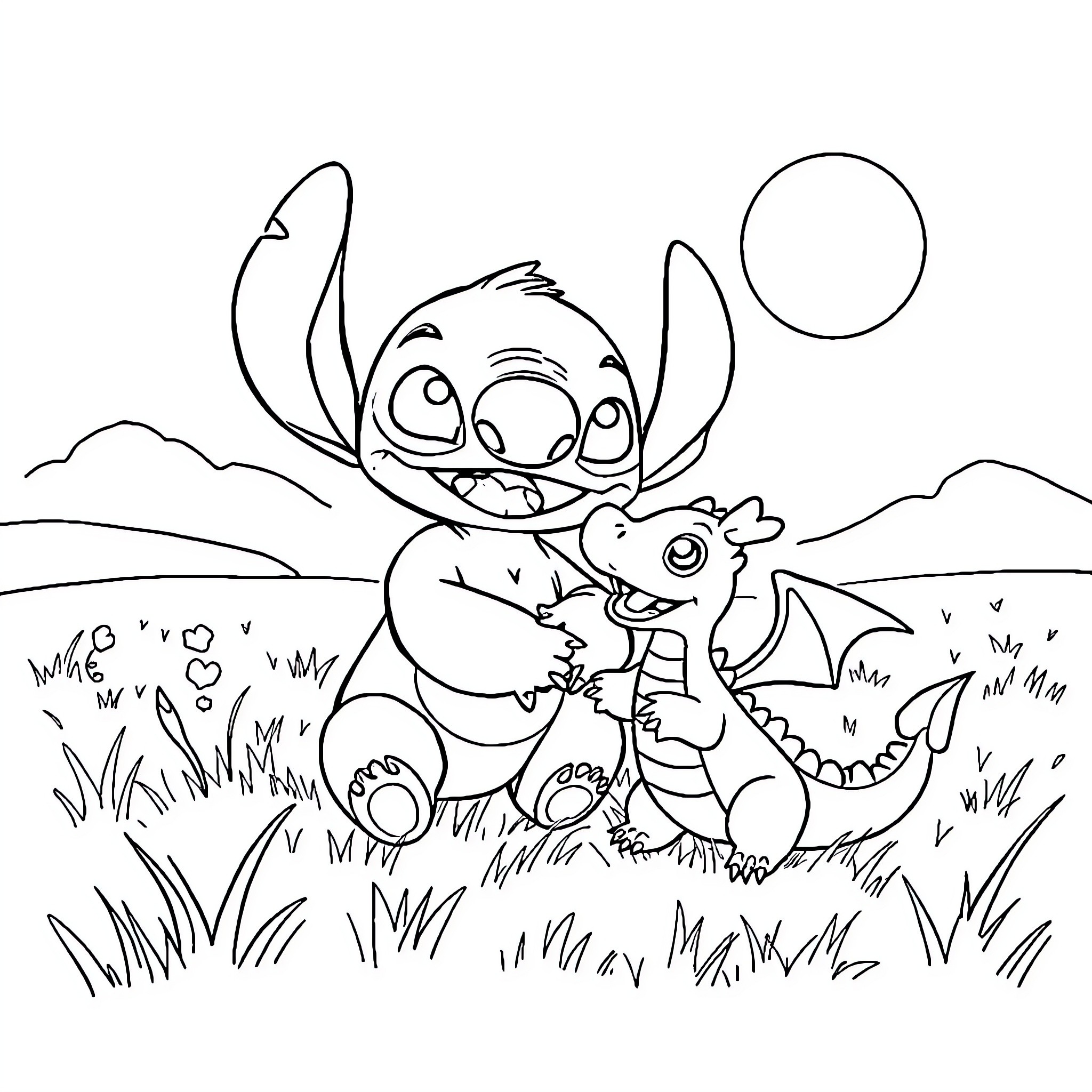 Stitch playing joyfully with alien creature in nature Coloring Page (free black-and-white line drawing printable PDF for all, from beginners to advanced learners, including children, teens, adults, and seniors)