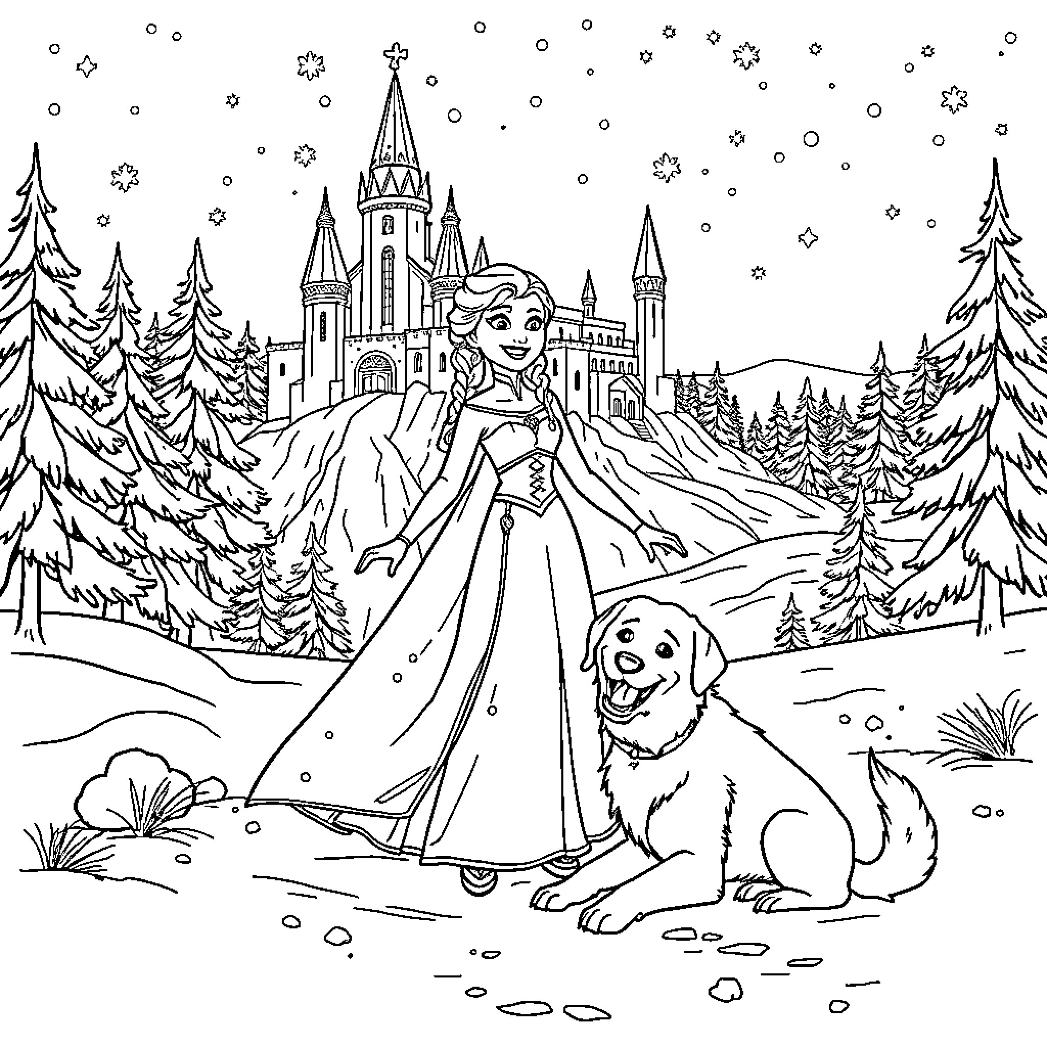 Elsa's Winter Wonderland Adventure with Loyal Companion Coloring Page (free black-and-white line drawing printable PDF for all, from beginners to advanced learners, including children, teens, adults, and seniors)