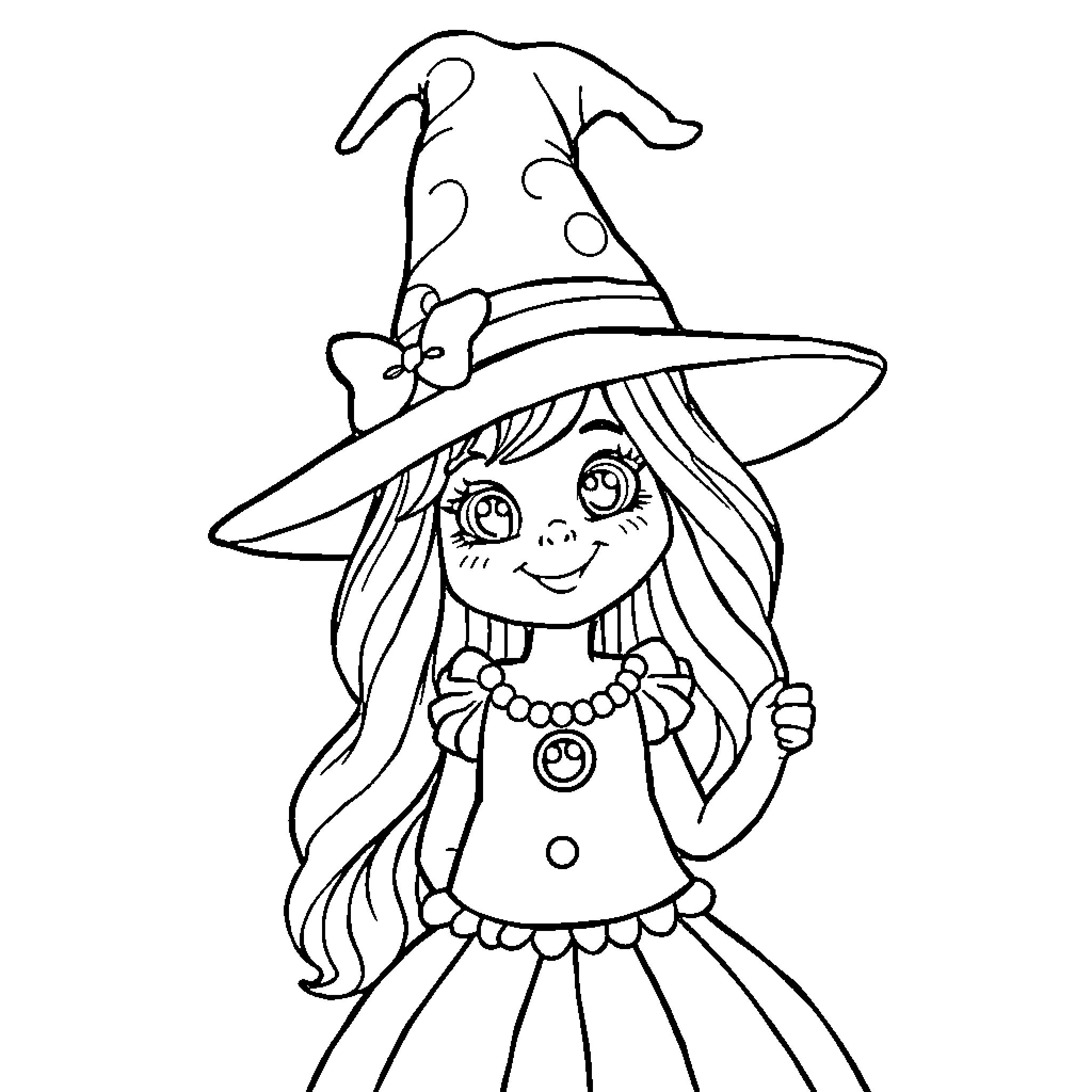 Witch with Whimsical Hat and Dress Coloring Page (free black-and-white line drawing printable PDF for all, from beginners to advanced learners, including children, teens, adults, and seniors)