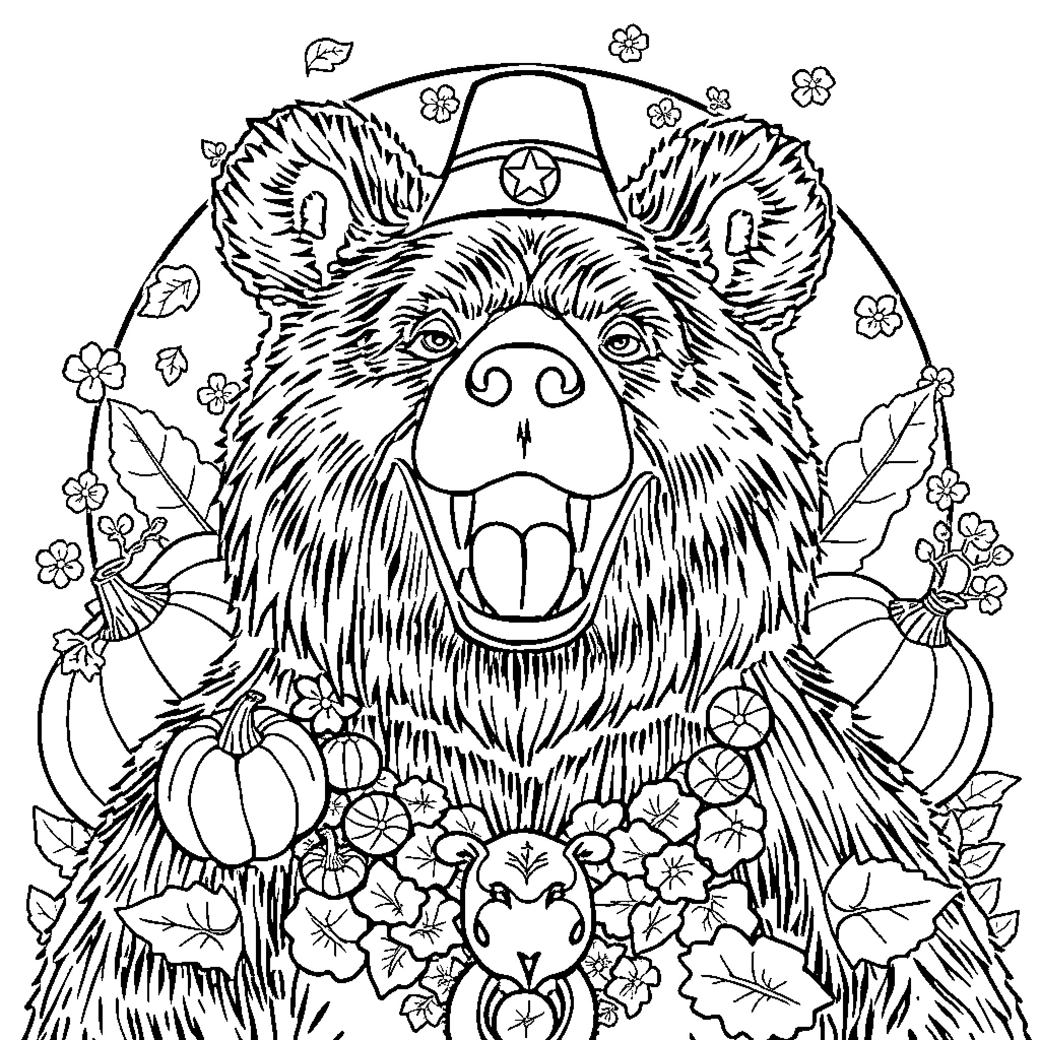 Bear with floral wreath in joyful expression Coloring Page (free black-and-white line drawing printable PDF for all, from beginners to advanced learners, including children, teens, adults, and seniors)