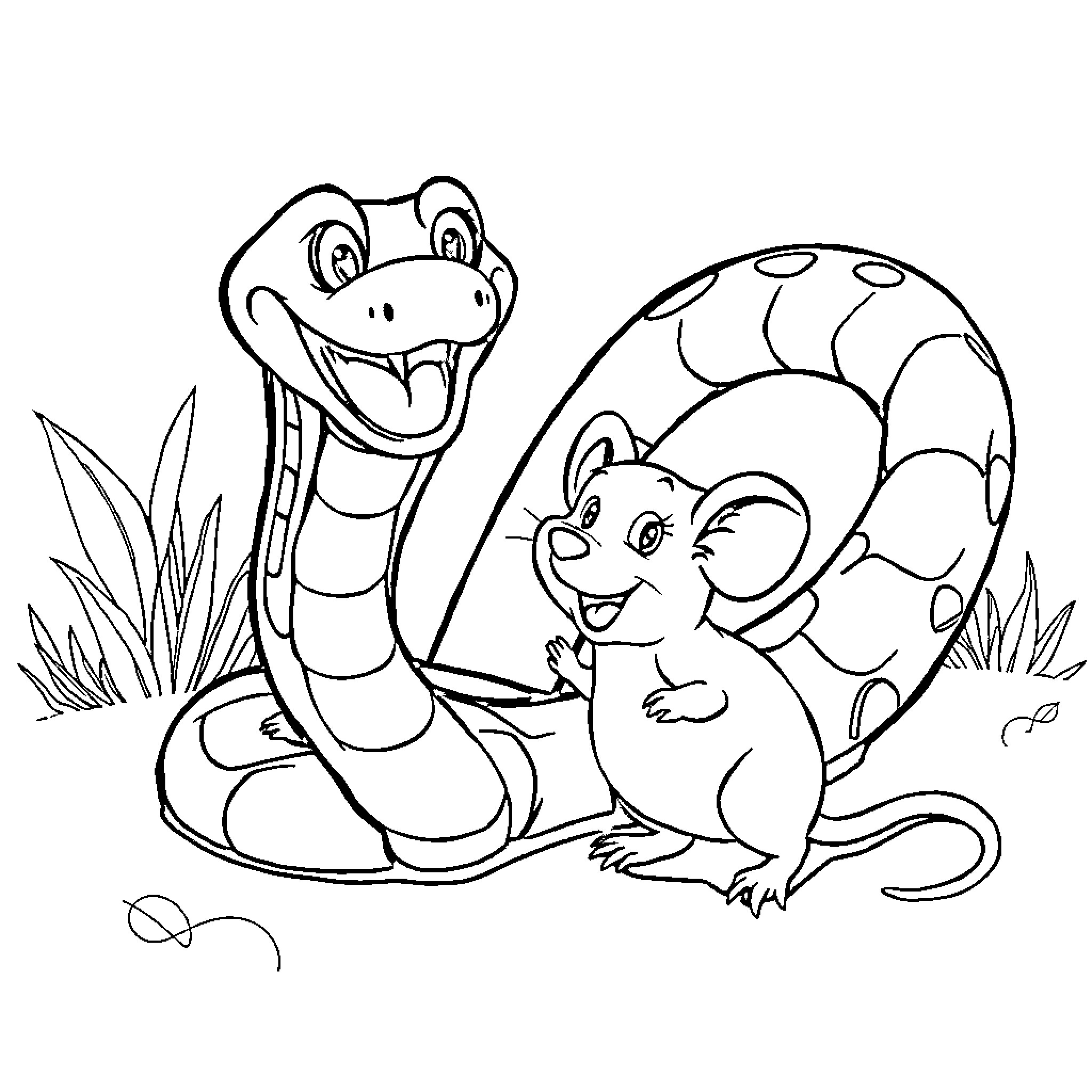 Cobra and Mouse Playing Happily in Nature Coloring Page (free black-and-white line drawing printable PDF for all, from beginners to advanced learners, including children, teens, adults, and seniors)