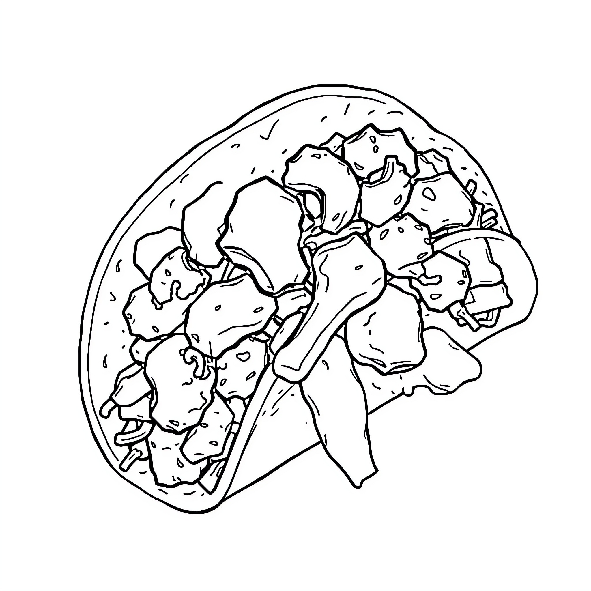 Taco overflowing with delicious ingredients Coloring Page (free black-and-white line drawing printable PDF for all, from beginners to advanced learners, including children, teens, adults, and seniors)
