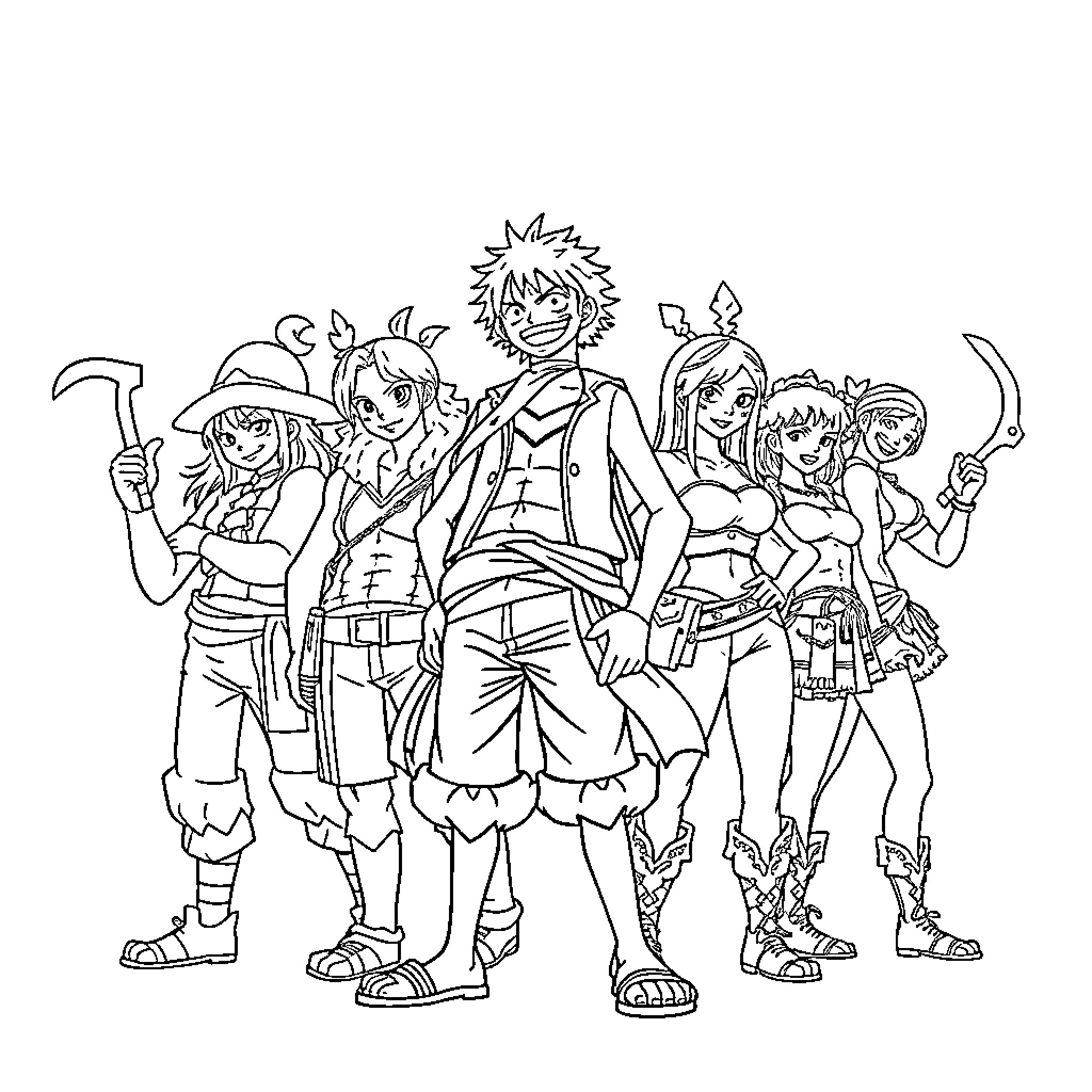 Monkey D Luffy and the Straw Hat Pirates in Action Coloring Page (free black-and-white line drawing printable PDF for all, from beginners to advanced learners, including children, teens, adults, and seniors)
