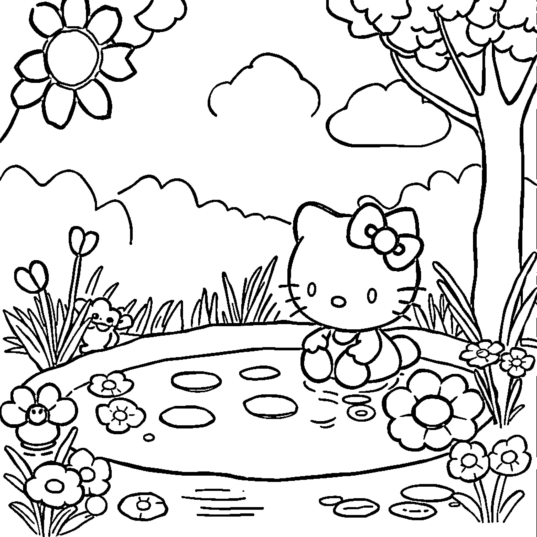 Hello Kitty playing in a beautiful garden Coloring Page (free black-and-white line drawing printable PDF for all, from beginners to advanced learners, including children, teens, adults, and seniors)