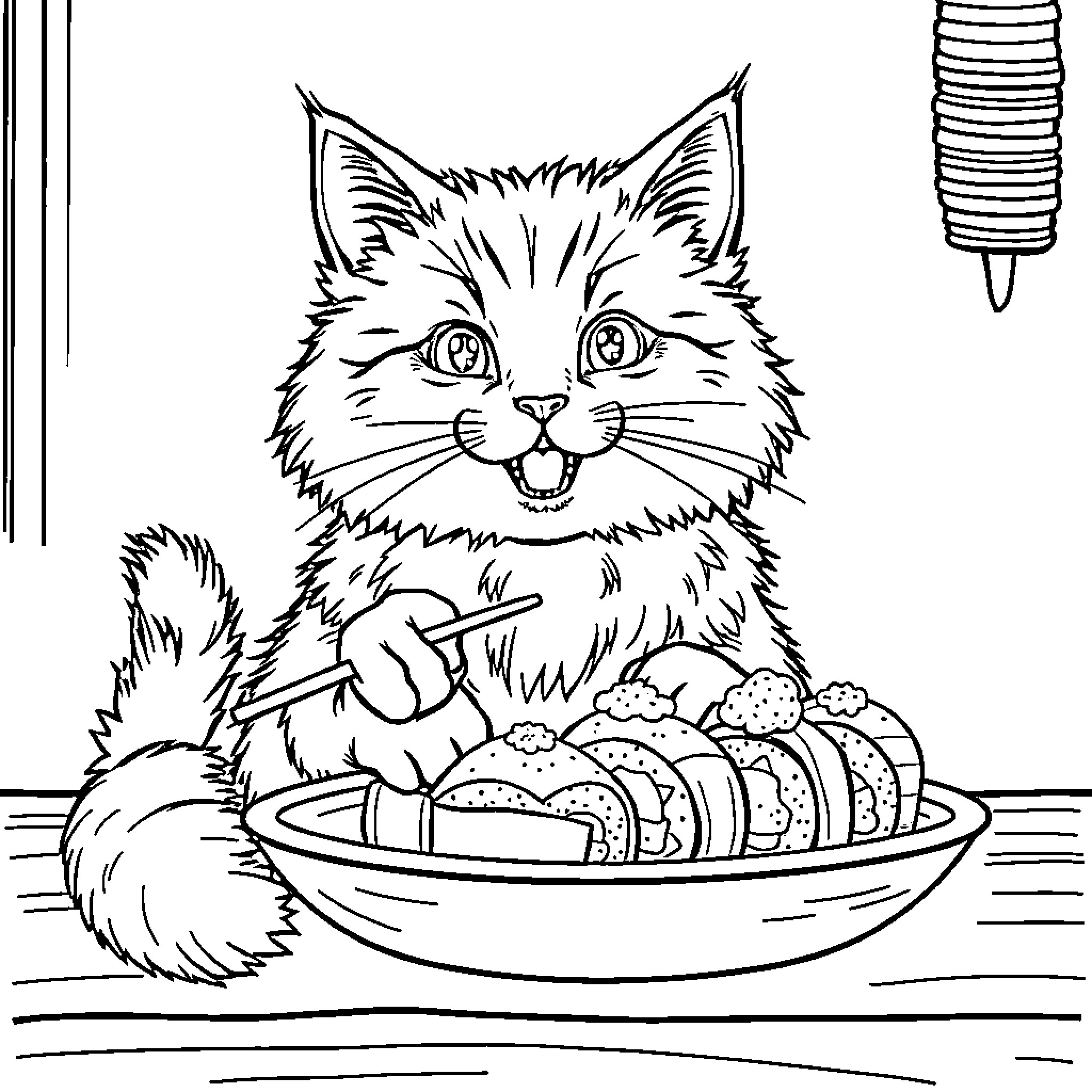 Cat enjoying a tasty meal in the kitchen Coloring Page (free black-and-white line drawing printable PDF for all, from beginners to advanced learners, including children, teens, adults, and seniors)