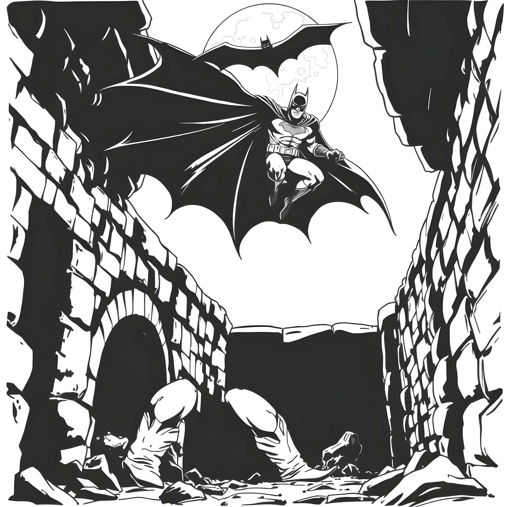 Solomon Grundy Soaring Through the Shadowy Cityscape Coloring Page (free black-and-white line drawing printable PDF for all, from beginners to advanced learners, including children, teens, adults, and seniors)