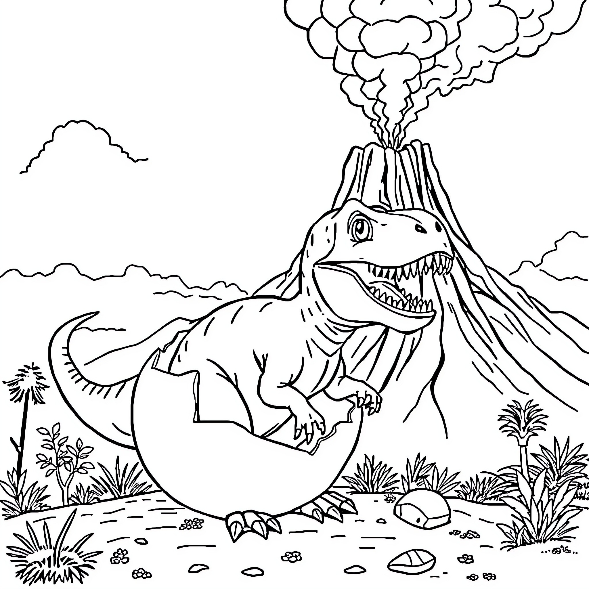 T-Rex erupting from a volcano in the wilderness Coloring Page (free black-and-white line drawing printable PDF for all, from beginners to advanced learners, including children, teens, adults, and seniors)