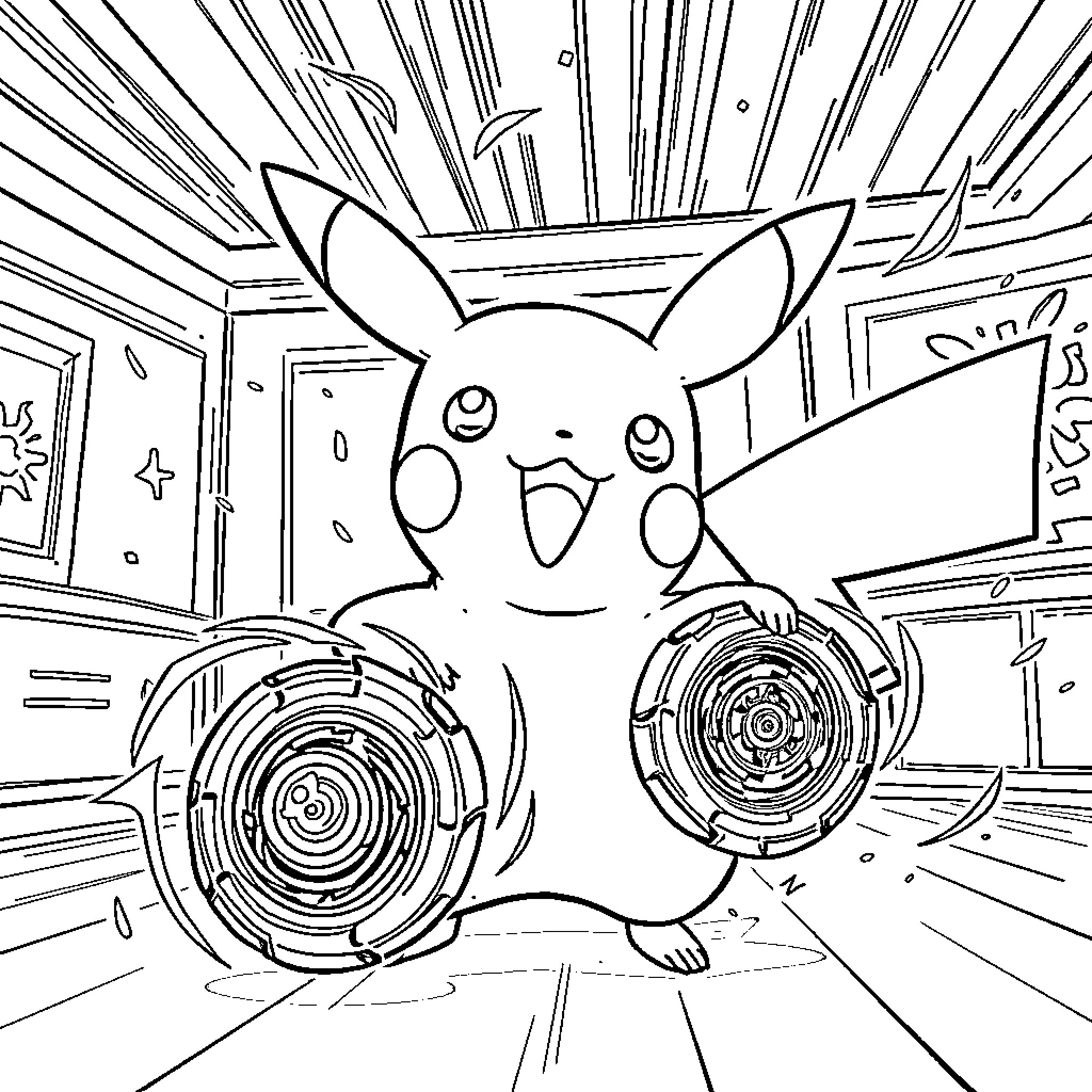Pikachu's Exciting Adventure in a Radiant Realm Coloring Page (free black-and-white line drawing printable PDF for all, from beginners to advanced learners, including children, teens, adults, and seniors)