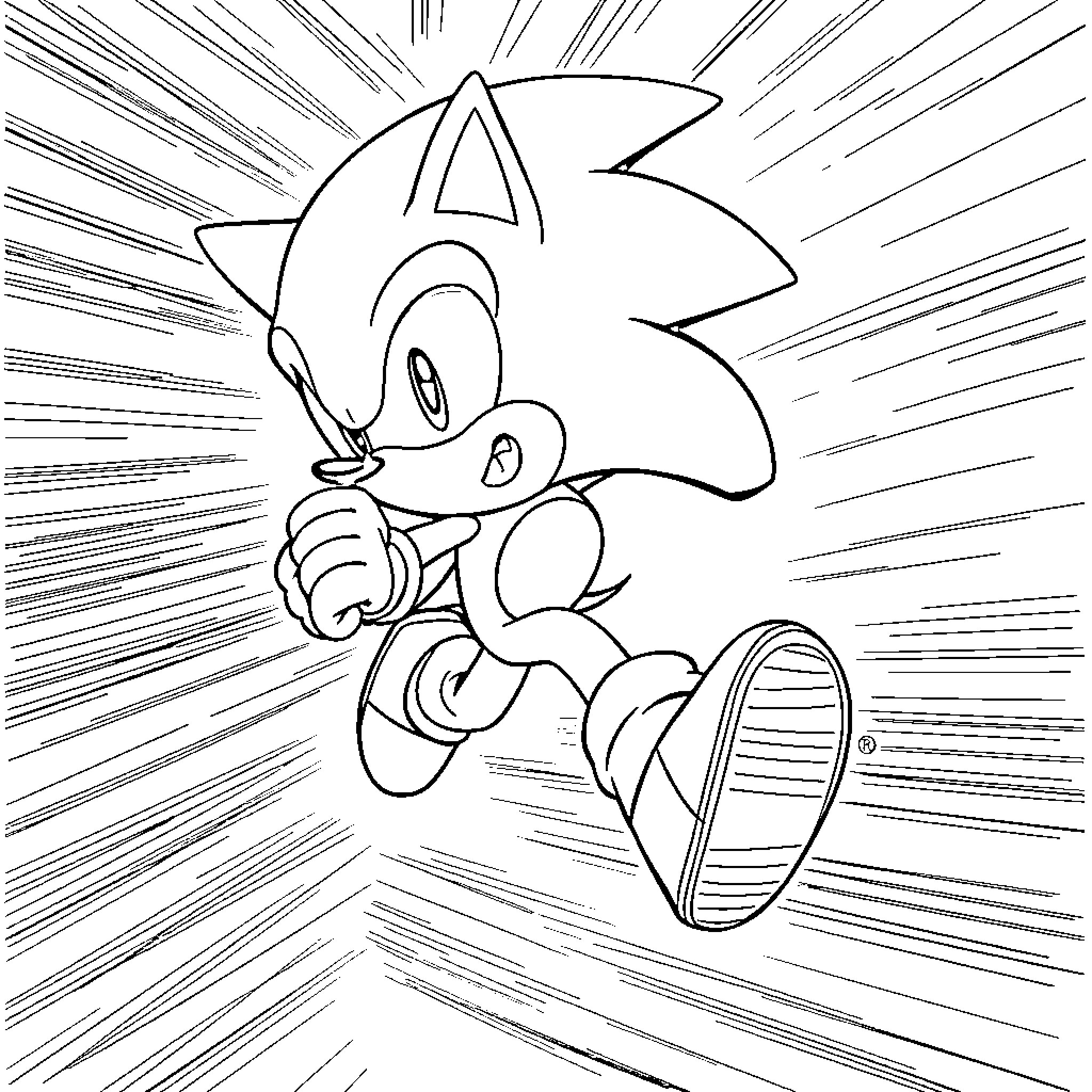 Sonic running at high speed through the scene Coloring Page (free black-and-white line drawing printable PDF for all, from beginners to advanced learners, including children, teens, adults, and seniors)