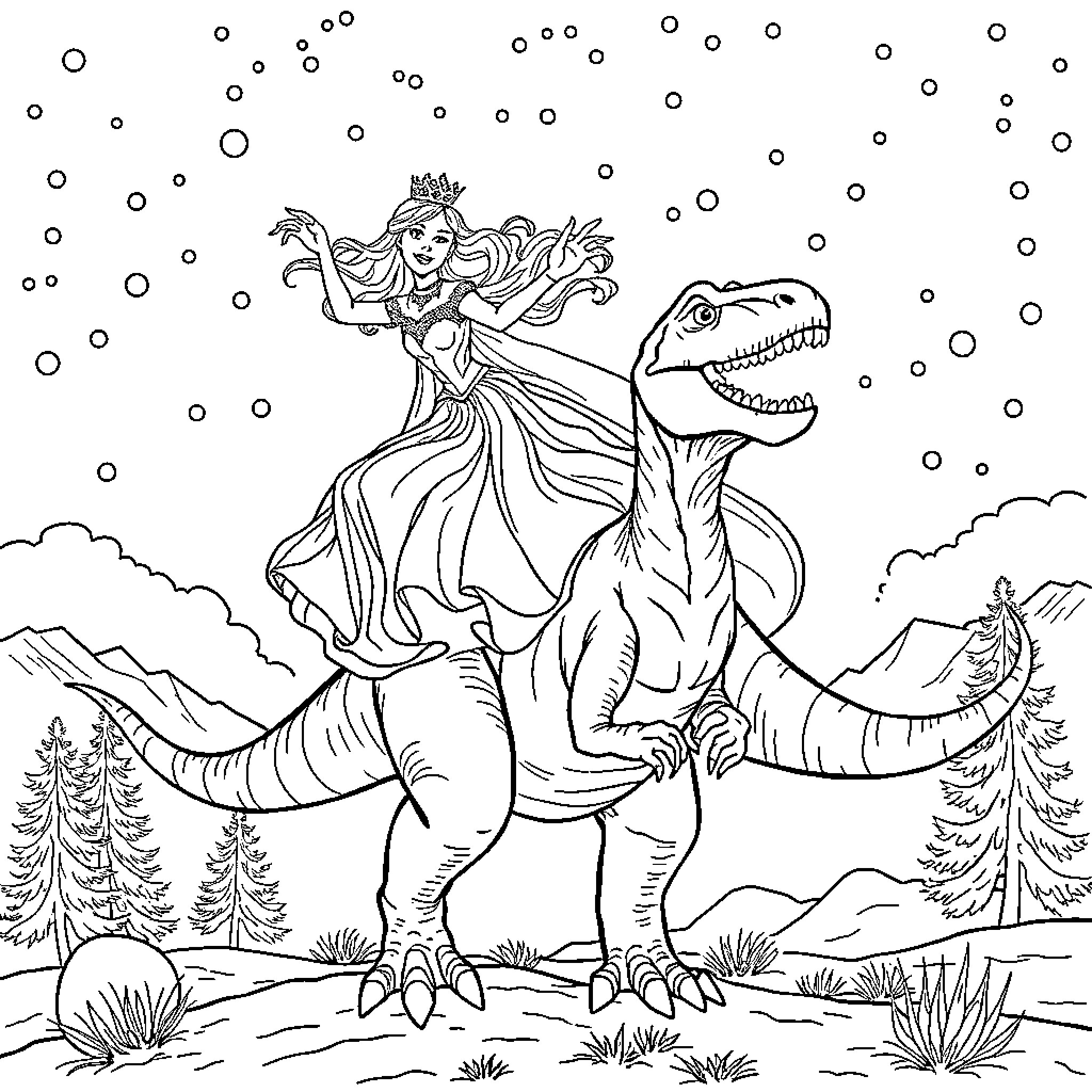 Queen Riding Majestic Dinosaur in Fantastical Landscape Coloring Page (free black-and-white line drawing printable PDF for all, from beginners to advanced learners, including children, teens, adults, and seniors)