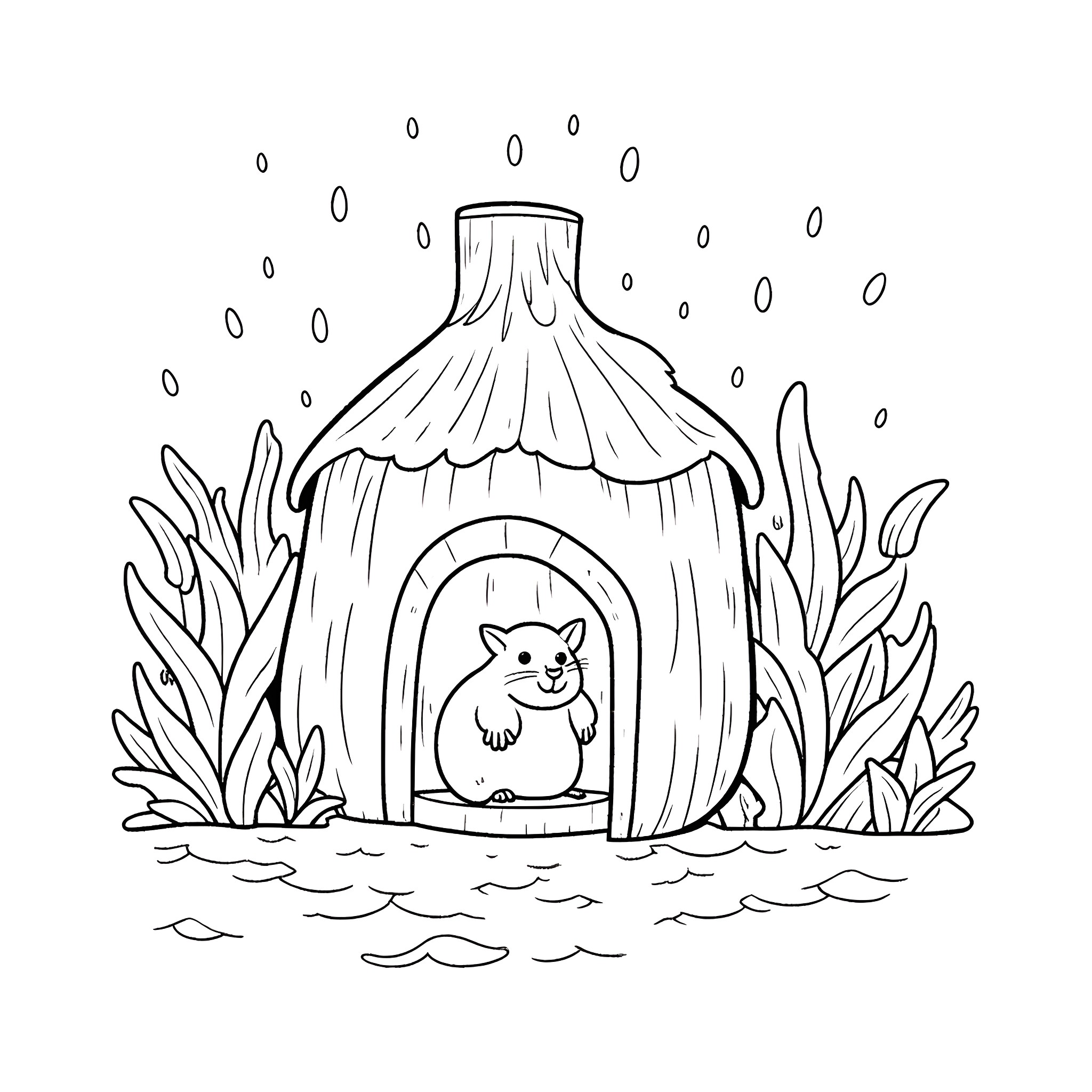 Lady Woodmouse's cozy home in the forest Coloring Page (free black-and-white line drawing printable PDF for all, from beginners to advanced learners, including children, teens, adults, and seniors)