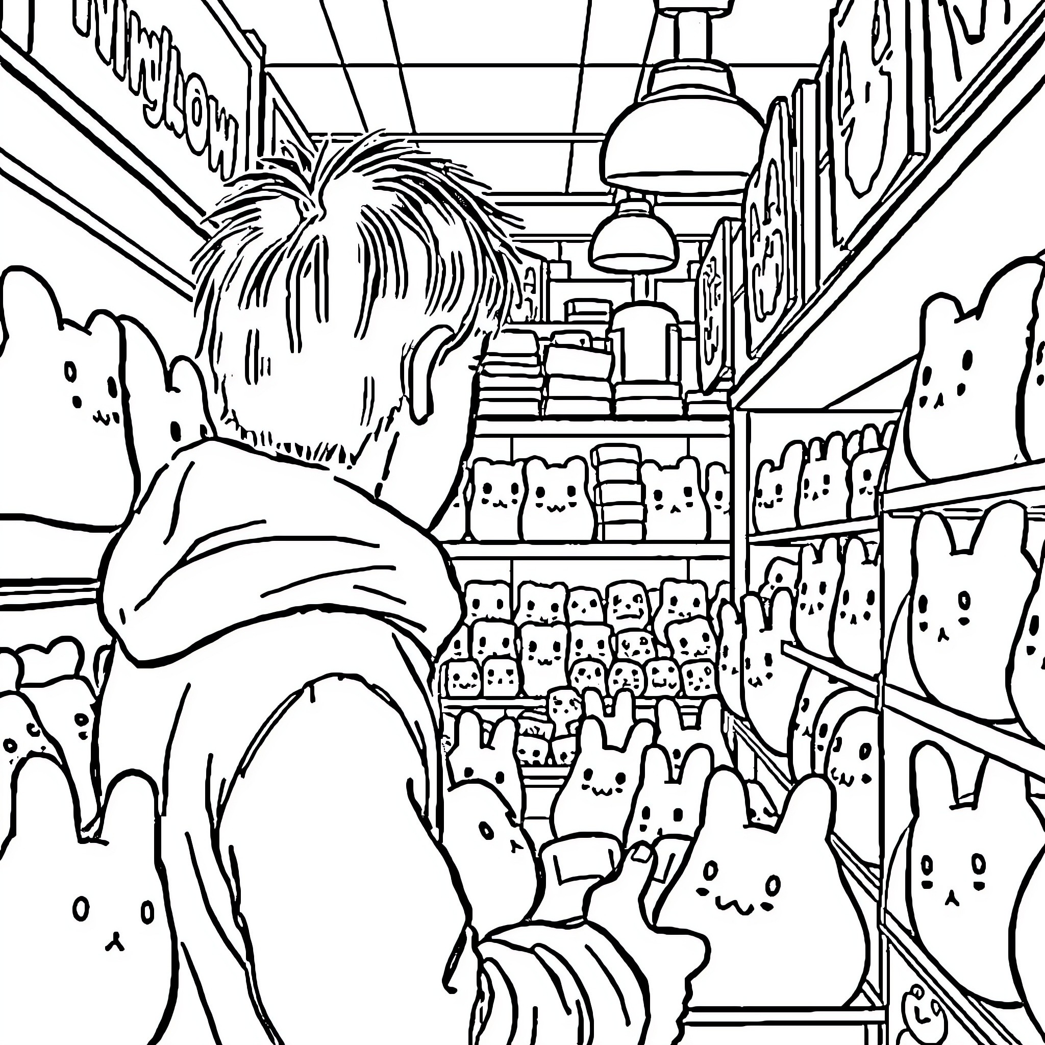 Squishmallow plushies in a whimsical retail environment Coloring Page (free black-and-white line drawing printable PDF for all, from beginners to advanced learners, including children, teens, adults, and seniors)