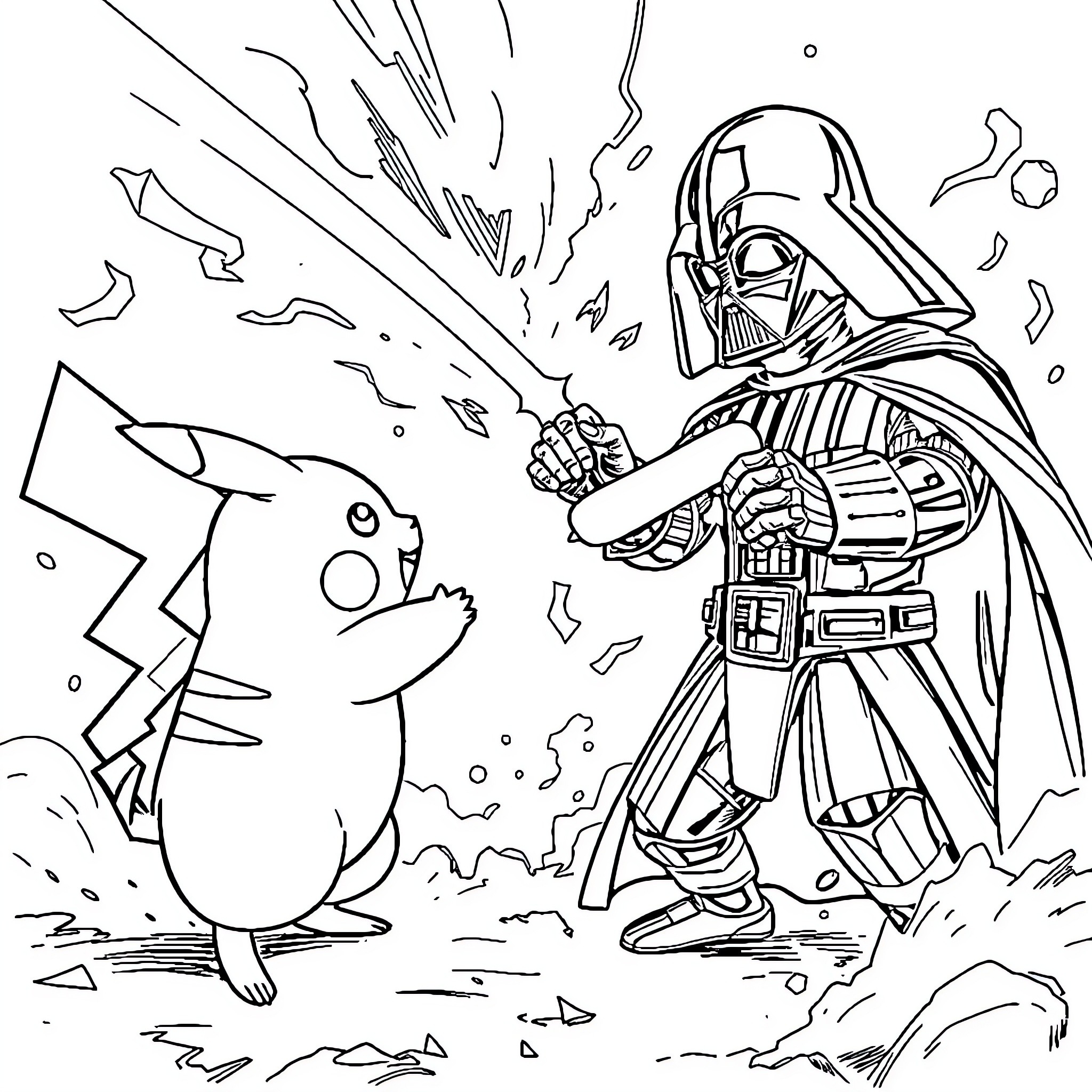 Pikachu's Confrontation with Darth Vader Coloring Page (free black-and-white line drawing printable PDF for all, from beginners to advanced learners, including children, teens, adults, and seniors)