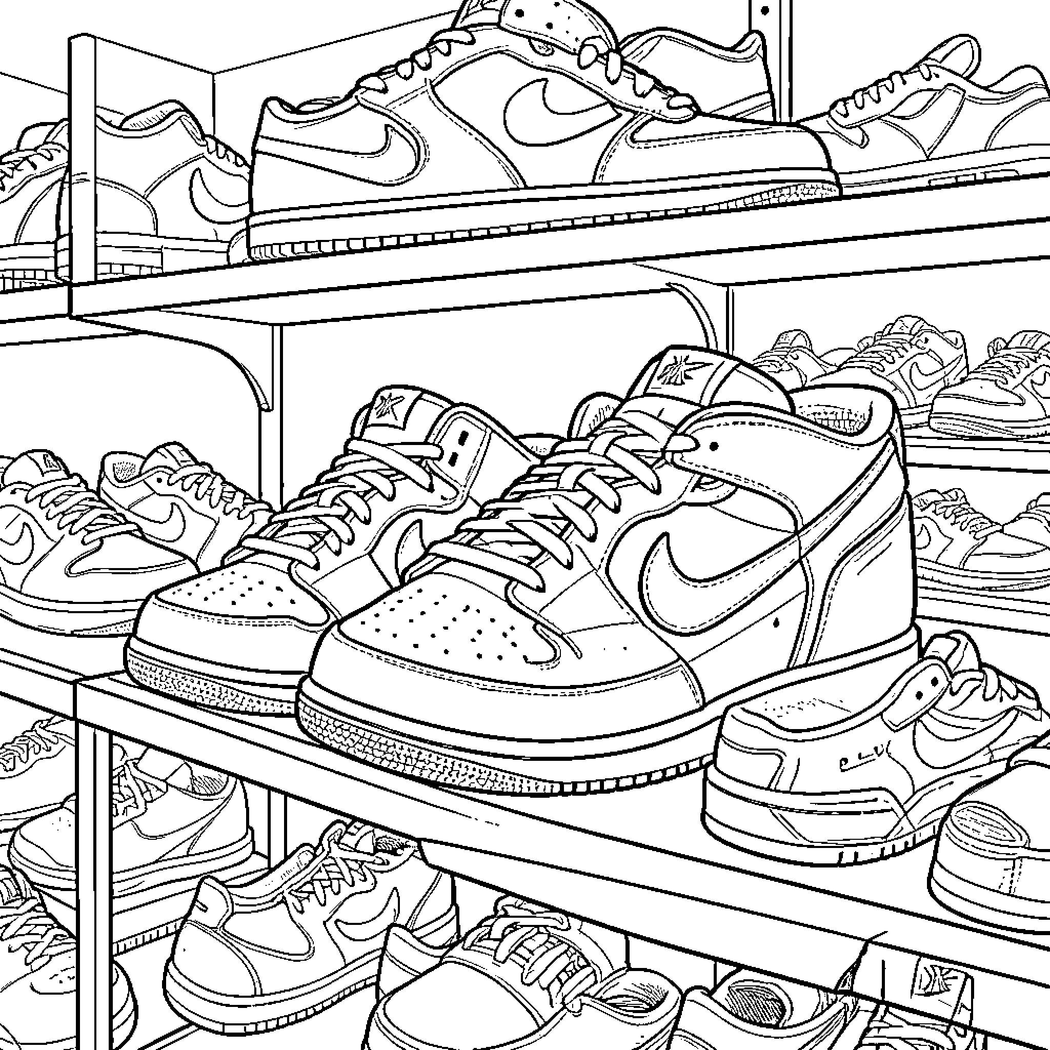 Nike Sneakers displayed neatly on multiple shelf levels Coloring Page (free black-and-white line drawing printable PDF for all, from beginners to advanced learners, including children, teens, adults, and seniors)