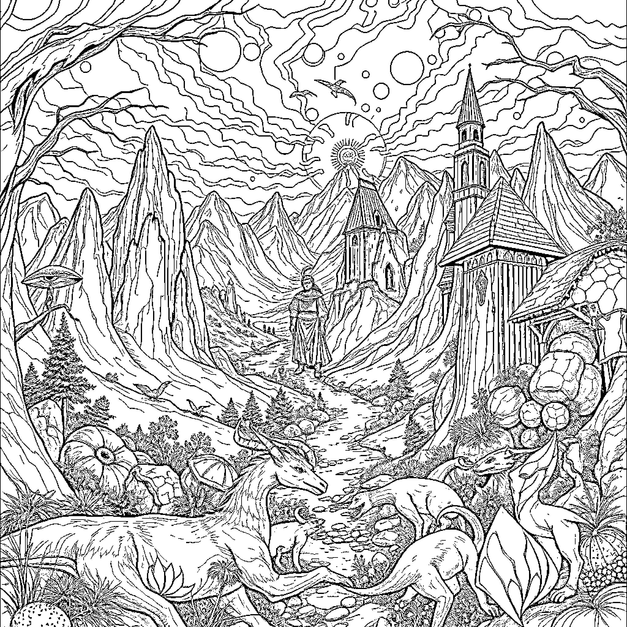 Bahumia: Fantastical Landscape with Towering Mountains and Intricate Structures Coloring Page (free black-and-white line drawing printable PDF for all, from beginners to advanced learners, including children, teens, adults, and seniors)