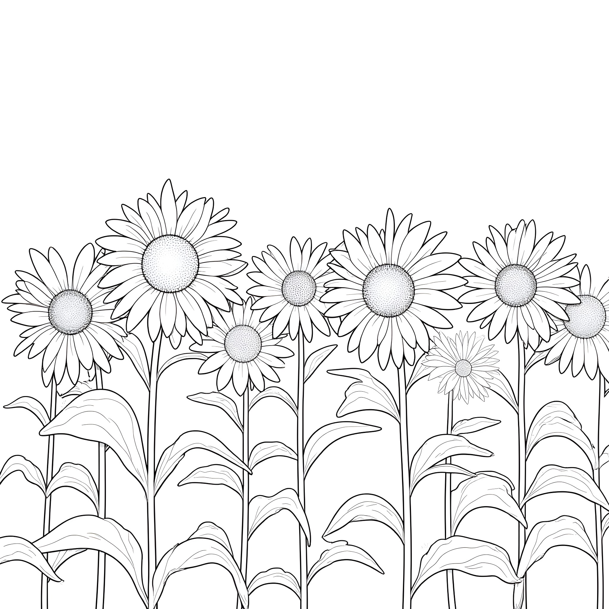 Sunflower field in bloom Coloring Page (free black-and-white line drawing printable PDF for all, from beginners to advanced learners, including children, teens, adults, and seniors)