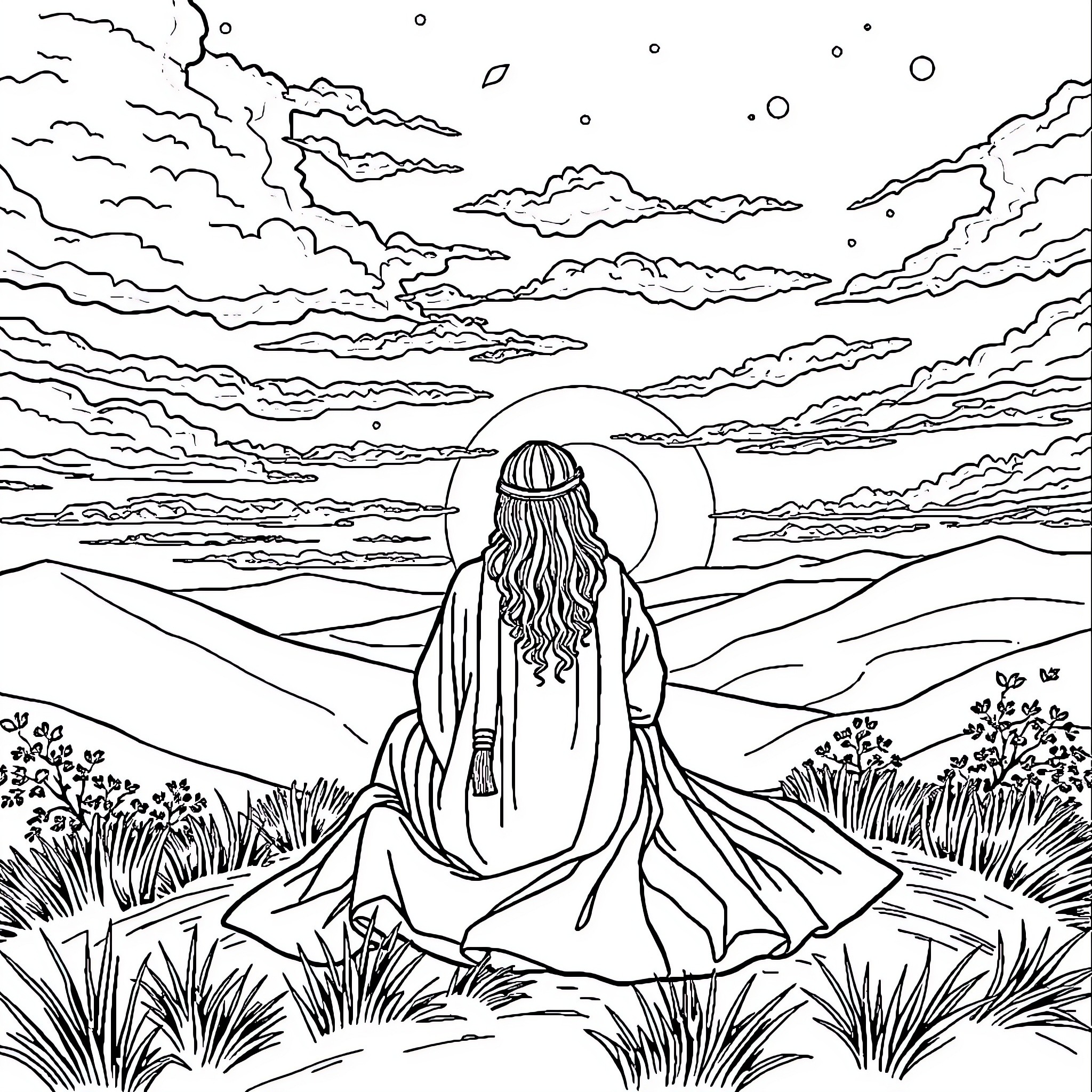 Rumi gazing at the captivating landscape Coloring Page (free black-and-white line drawing printable PDF for all, from beginners to advanced learners, including children, teens, adults, and seniors)