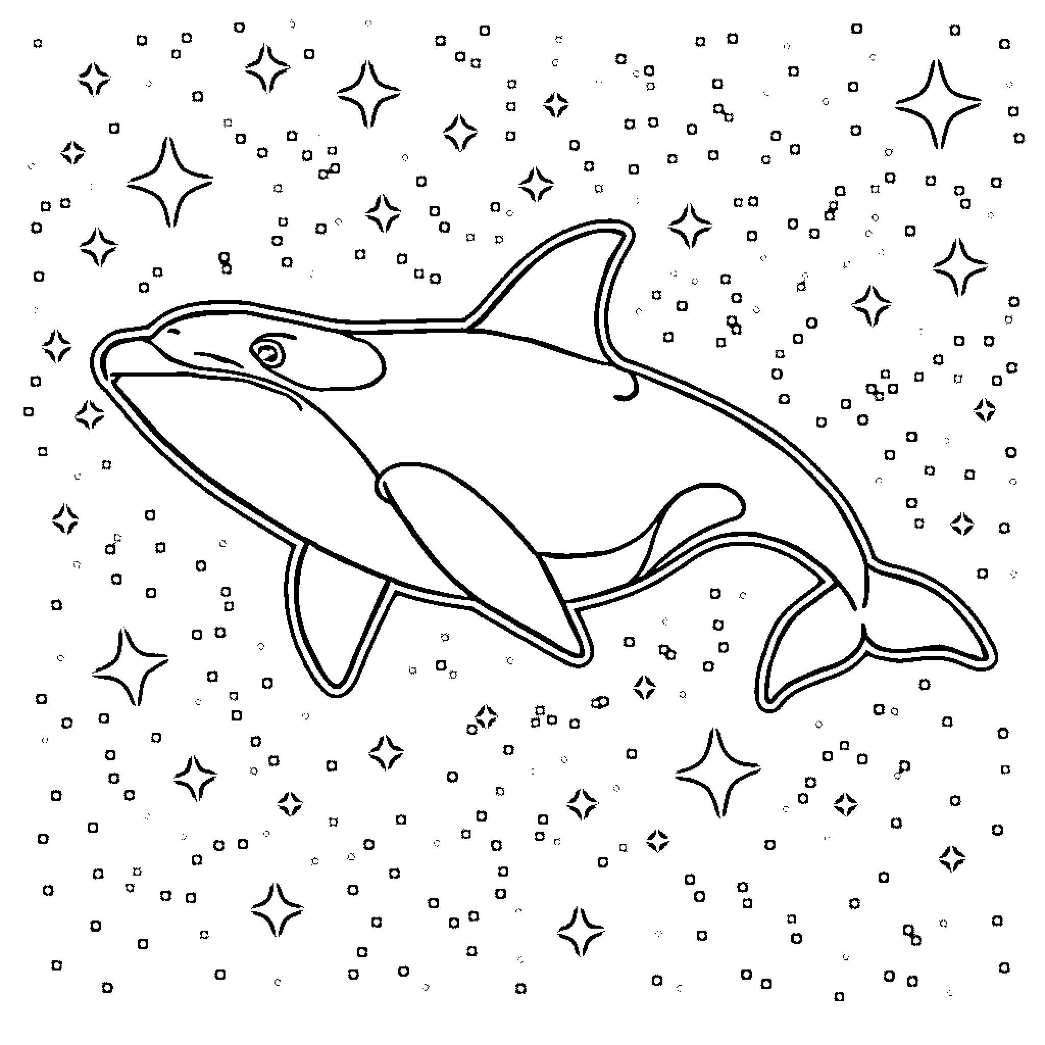 Killer Whale swimming among the stars Coloring Page (free black-and-white line drawing printable PDF for all, from beginners to advanced learners, including children, teens, adults, and seniors)