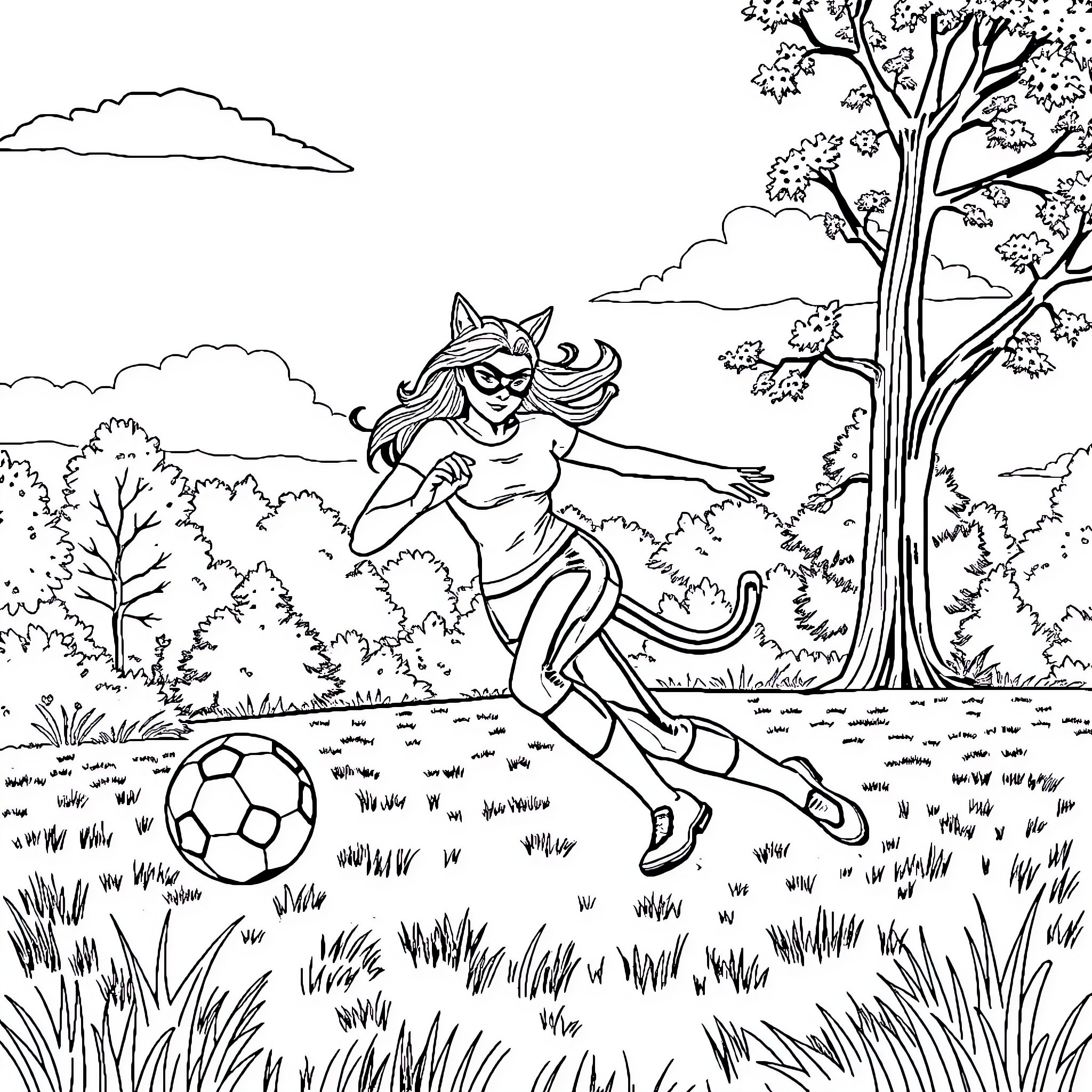 Cat Woman playing soccer in the forest Coloring Page (free black-and-white line drawing printable PDF for all, from beginners to advanced learners, including children, teens, adults, and seniors)