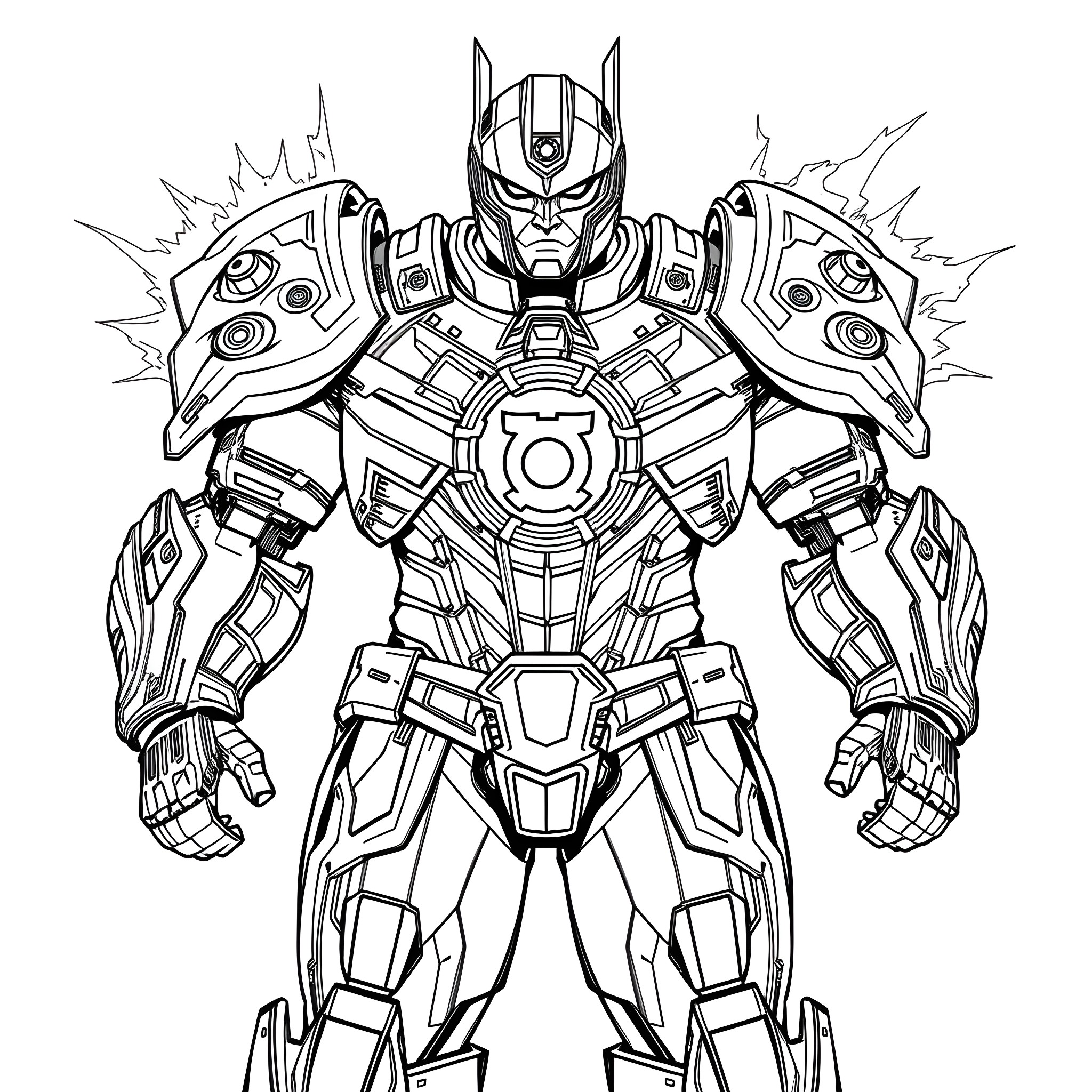 Justice Buster: Heroic Warrior in Futuristic Armor Coloring Page (free black-and-white line drawing printable PDF for all, from beginners to advanced learners, including children, teens, adults, and seniors)