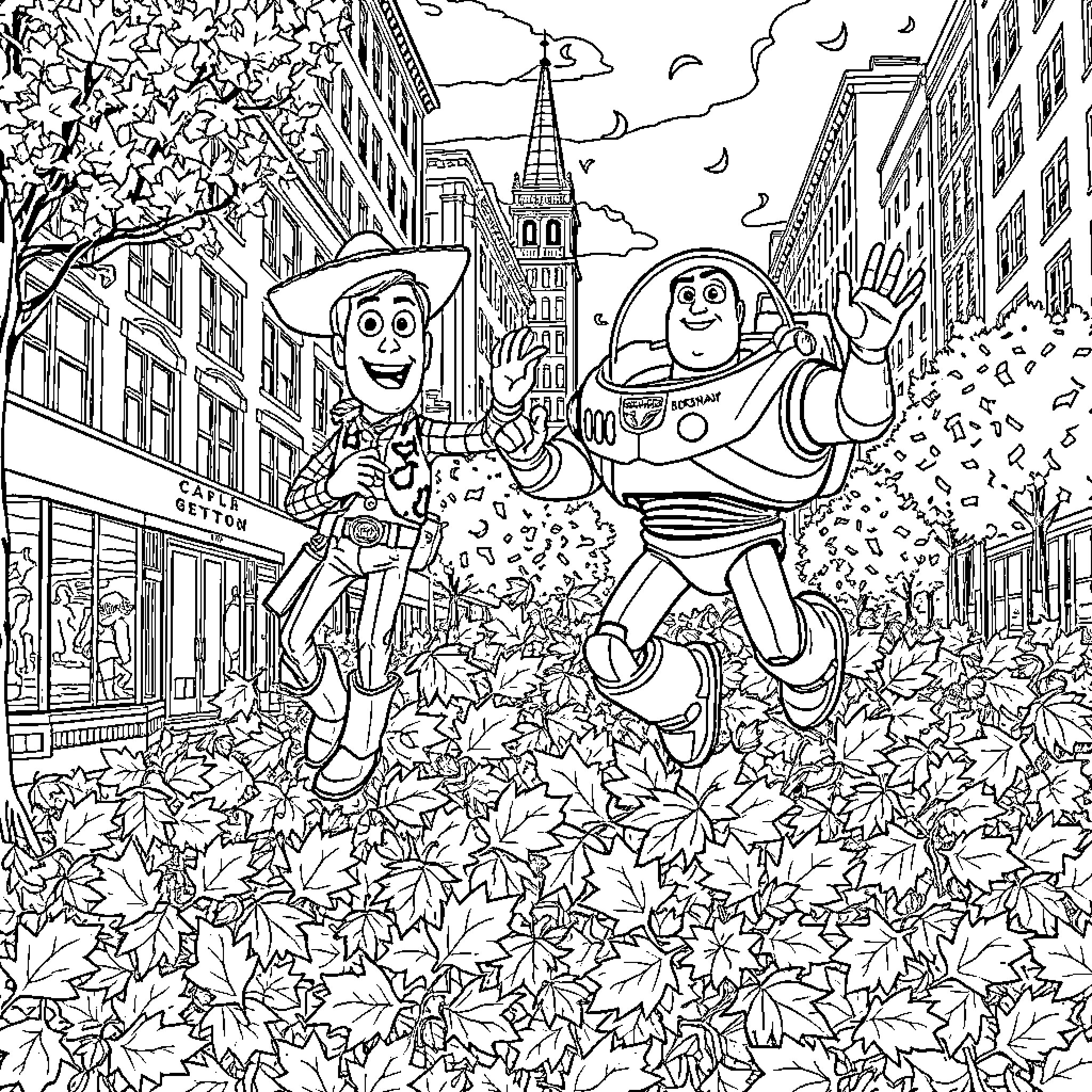 Woody and Buzz in an Autumnal City Adventure Coloring Page (free black-and-white line drawing printable PDF for all, from beginners to advanced learners, including children, teens, adults, and seniors)