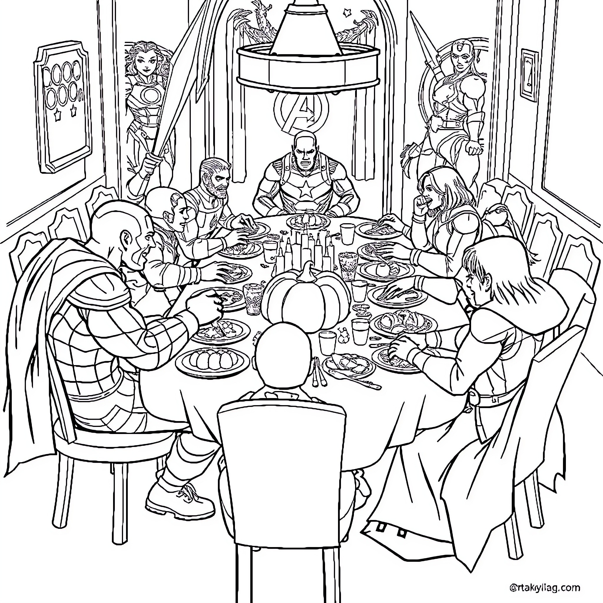 Avengers Assemble for a Thanksgiving Feast Coloring Page (free black-and-white line drawing printable PDF for all, from beginners to advanced learners, including children, teens, adults, and seniors)