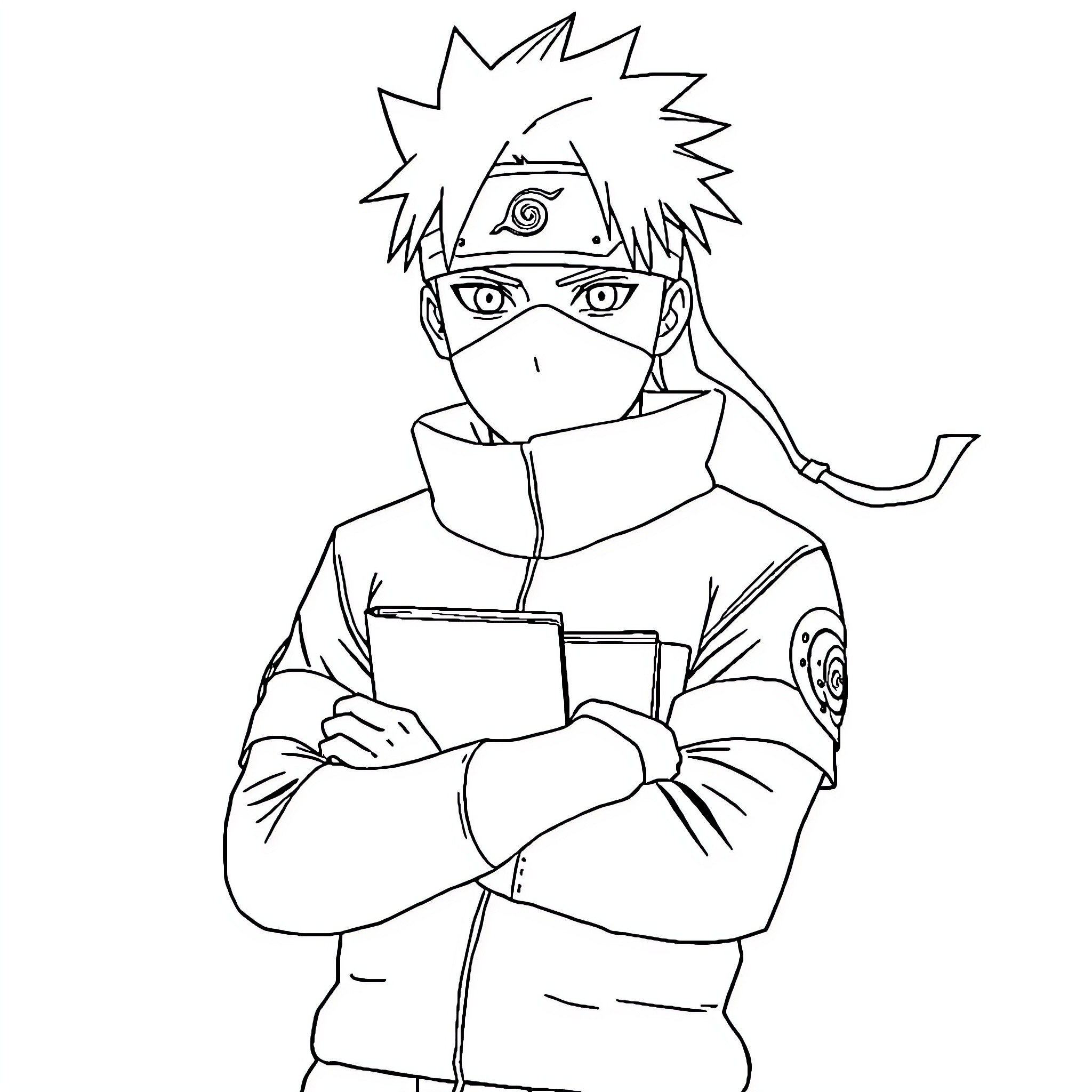 Kakashi in combat stance with masked face Coloring Page (free black-and-white line drawing printable PDF for all, from beginners to advanced learners, including children, teens, adults, and seniors)